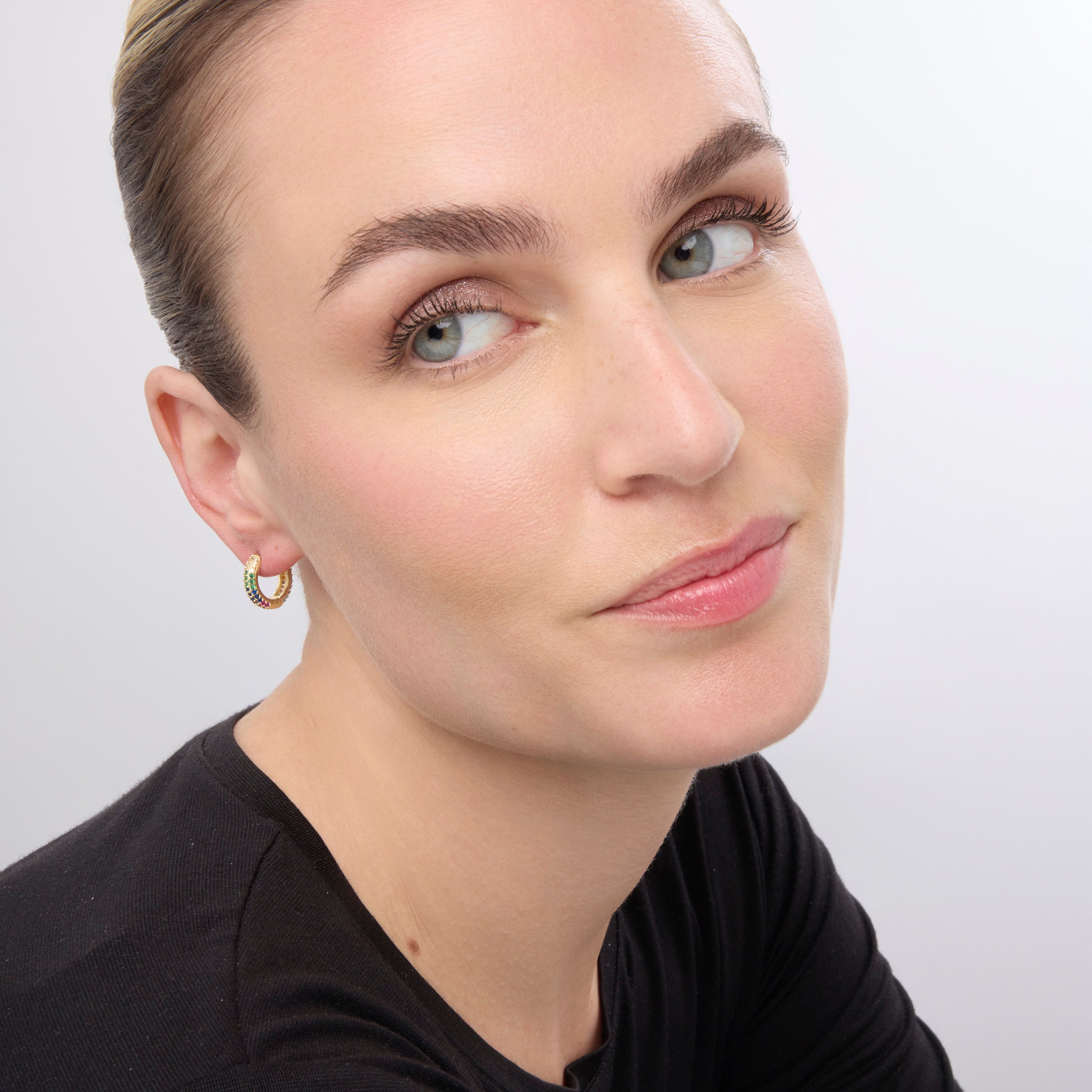 9mm diameter earrings with 18k yellow gold finish and multicolor cubic zirconia - Lesrat