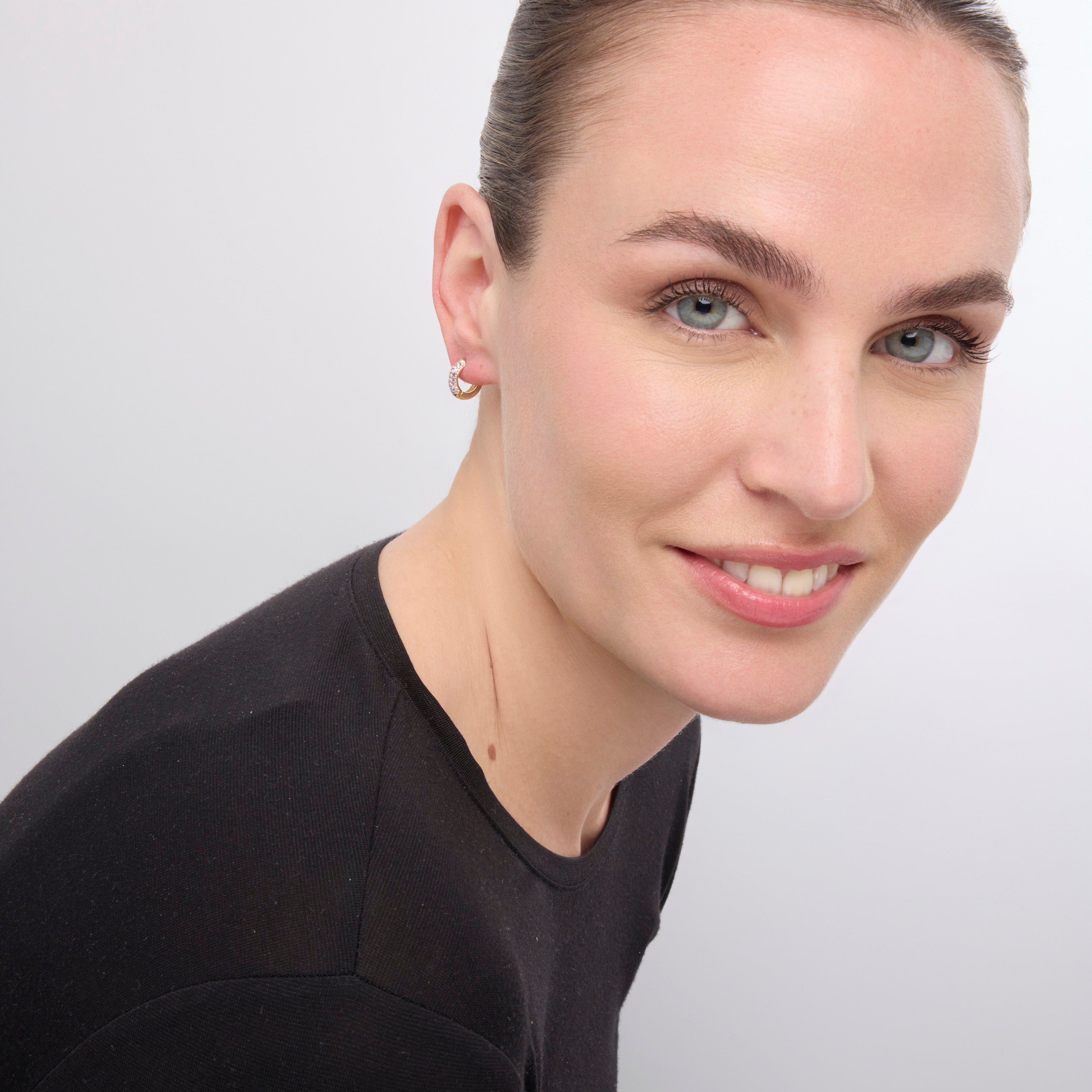 9mm diameter earrings 18k Yellow Gold finish with Amethyst cubic zirconia - Krax