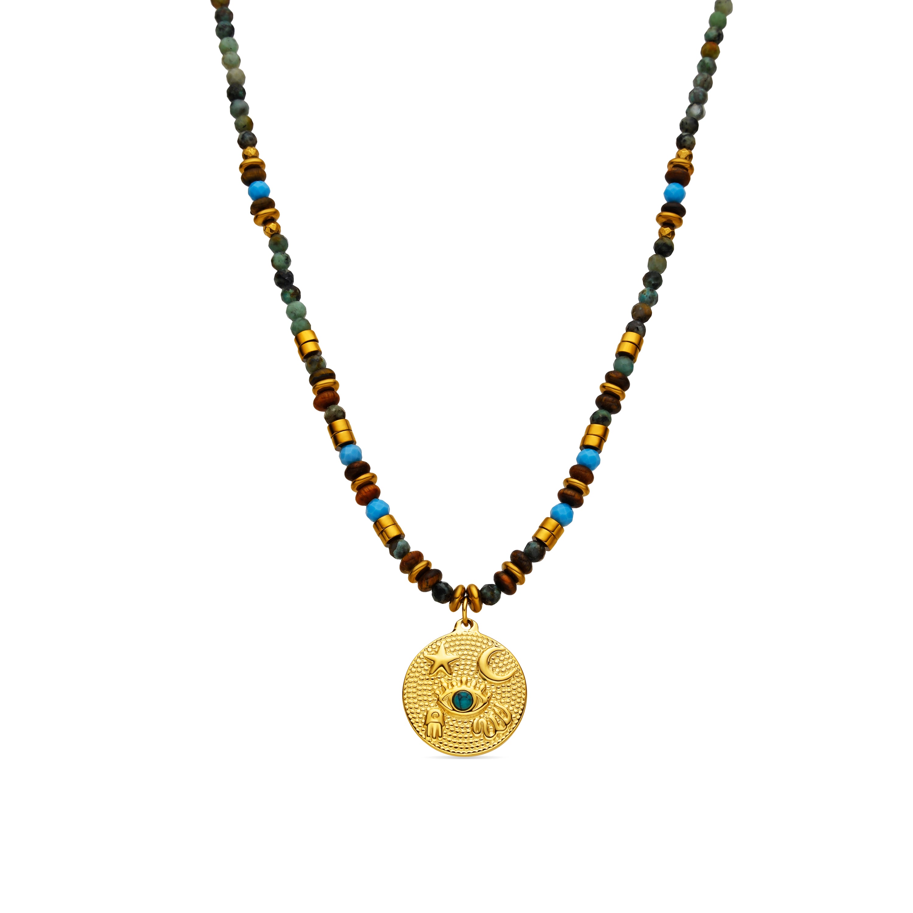 Halskette mit mehrfarbigen Natursteinen, 18k Goldfinish - Salki