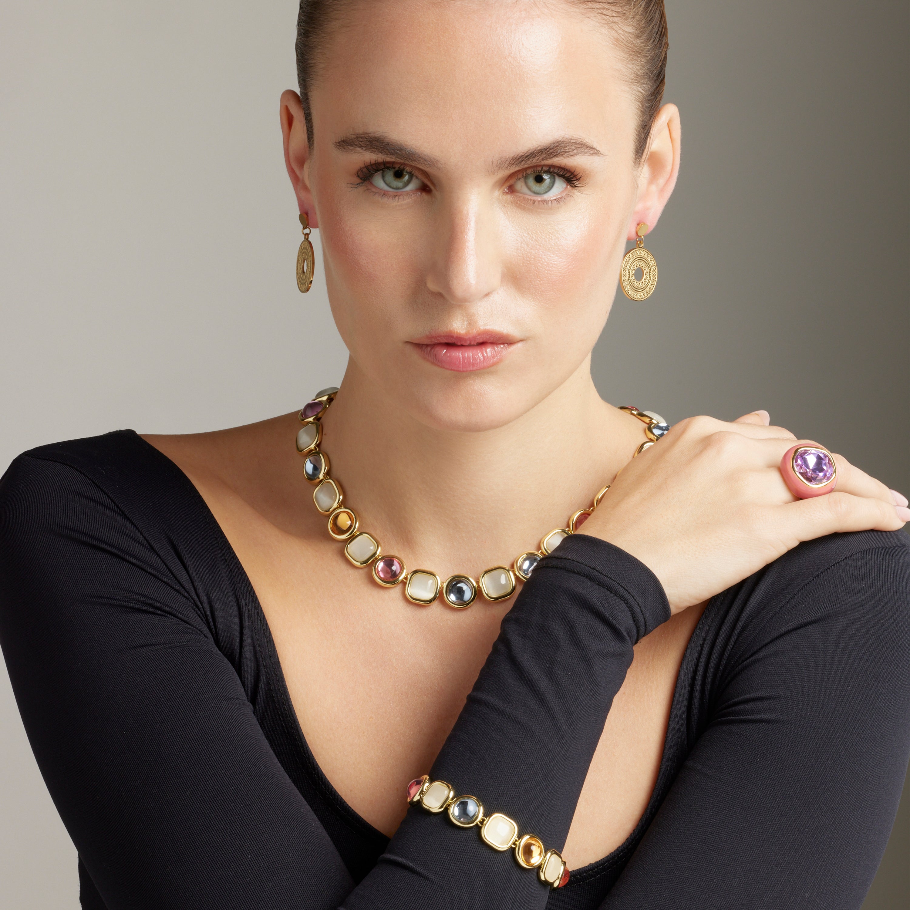 Collier en cristal multicolore finition or jaune 18K - Mantis