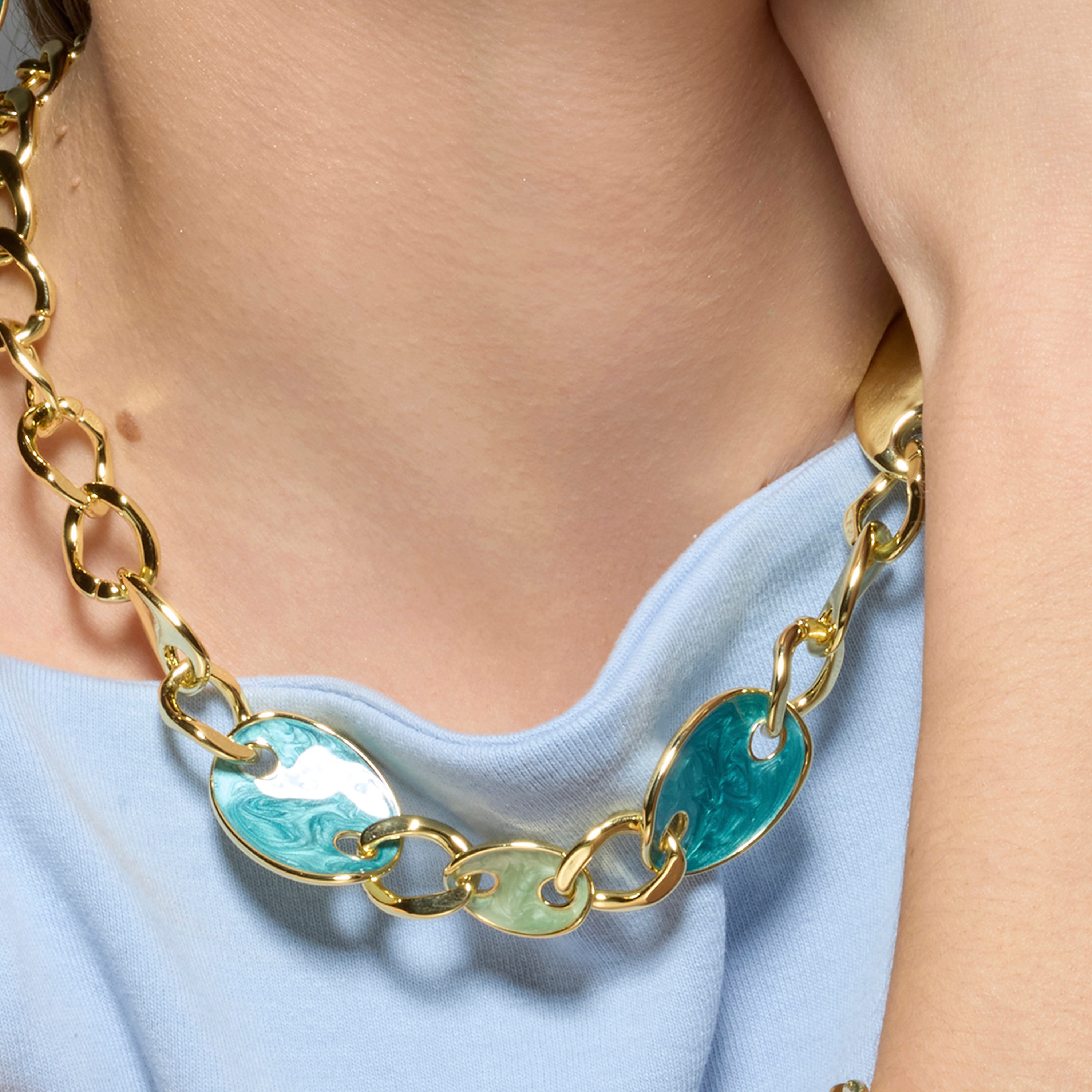 18k Yellow Gold Finished Necklace and Blue Lacquer - Makan