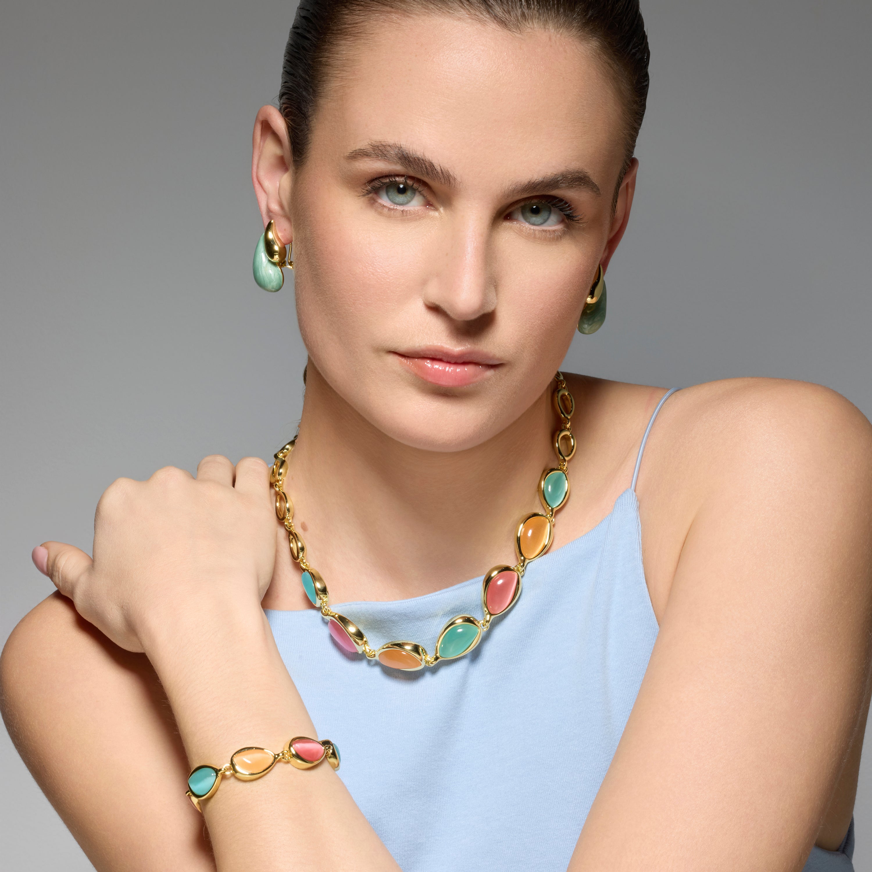 Colar acabado em ouro amarelo de 18k e Olho de Gato Multicolor - Dulfo