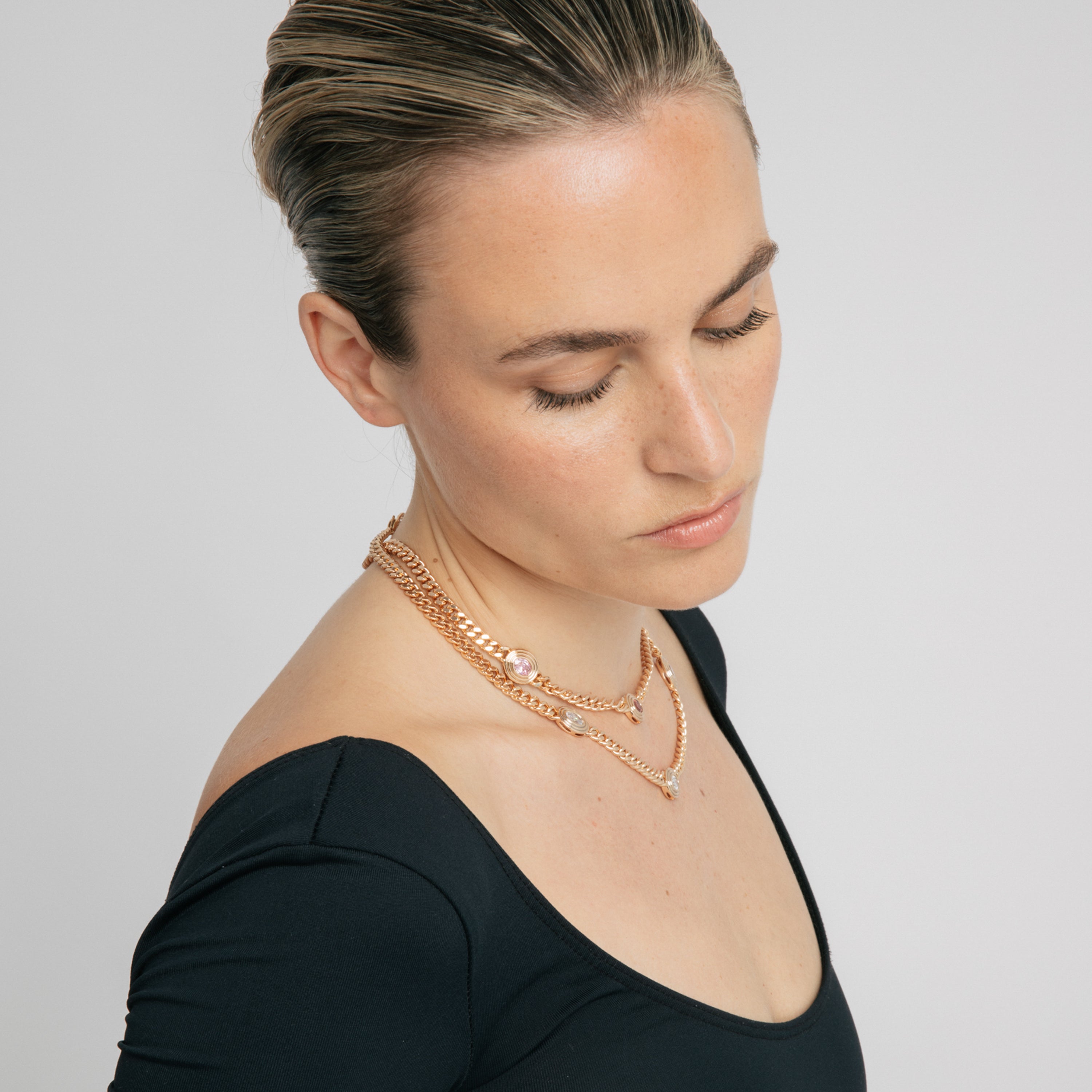 Pink Cubic Zirconia Necklace with 18k Yellow Gold Finish - Rinlin