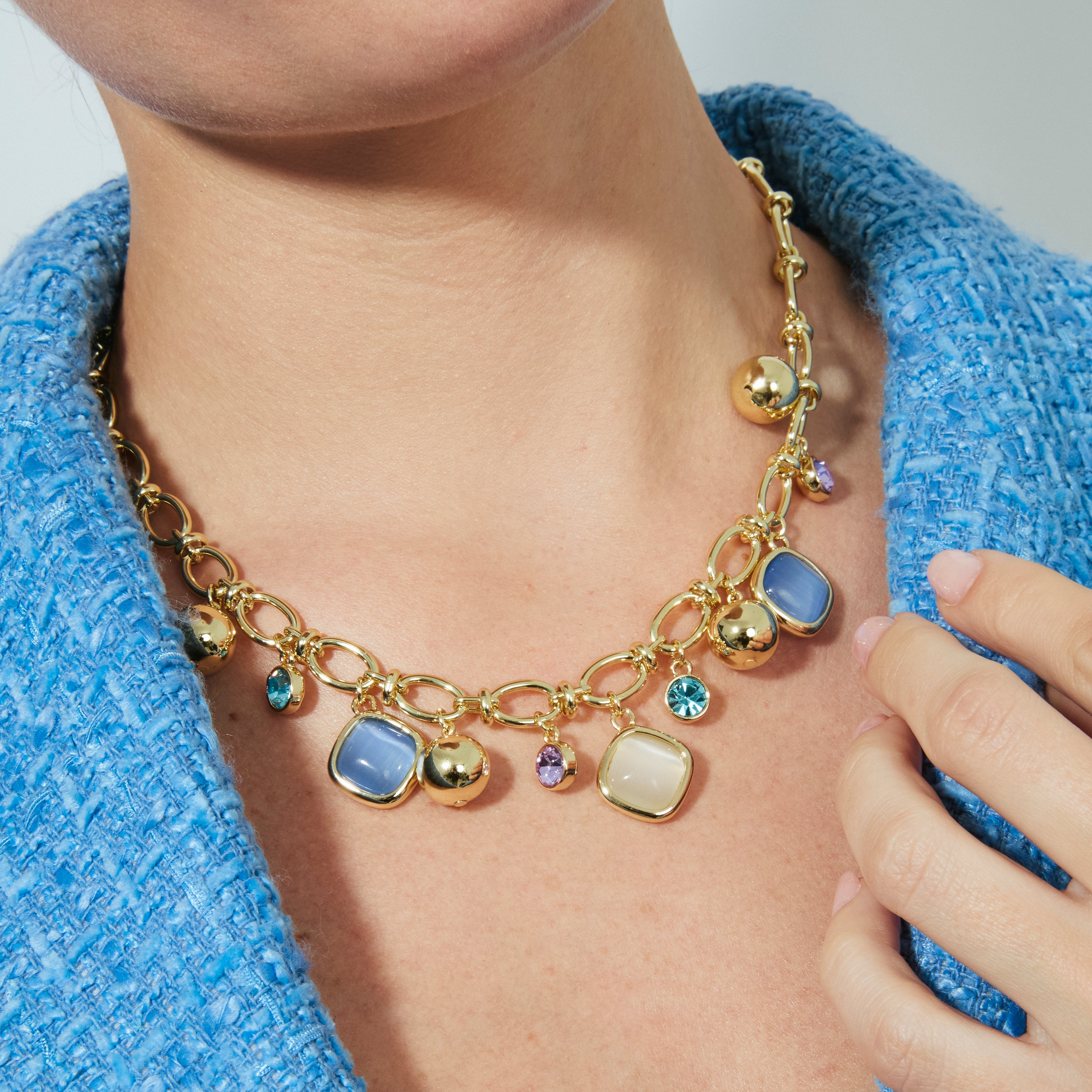 Collana con Occhio di Gatto Blu finitura in oro giallo 18k - Mankao
