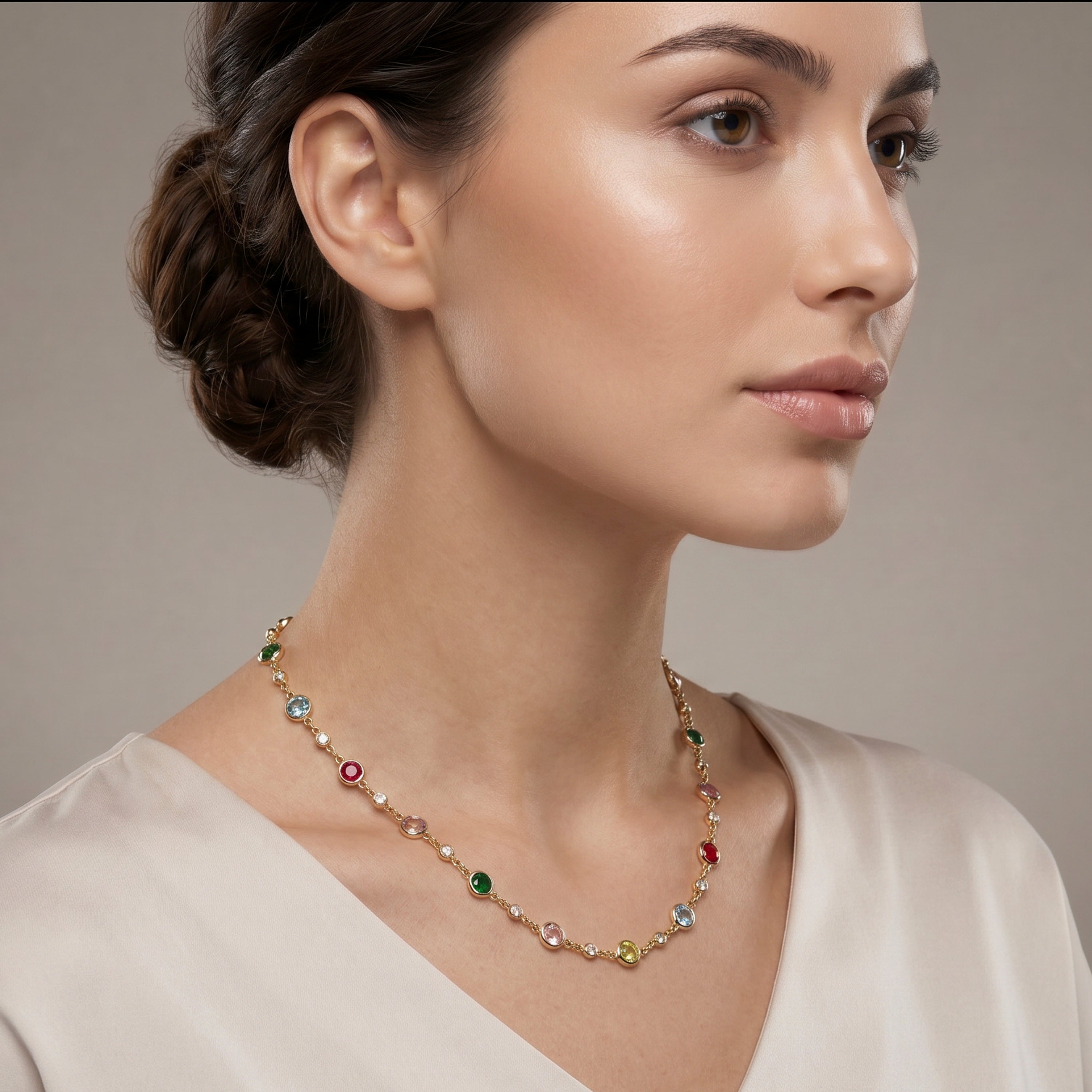 Multicolor Cubic Zirconia Necklace with 18k Yellow Gold Finish - Akas