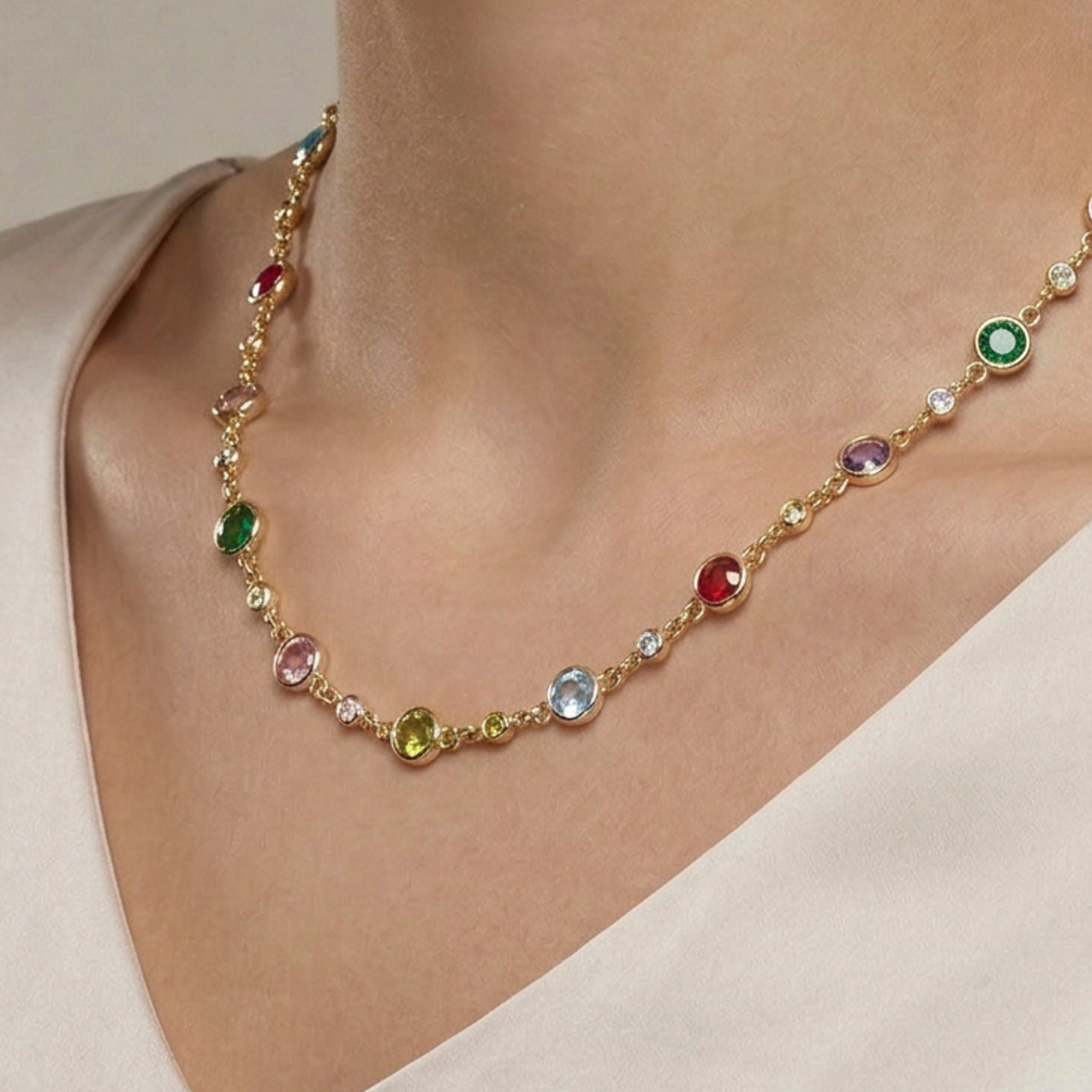 Multicolor Cubic Zirconia Necklace with 18k Yellow Gold Finish - Akas
