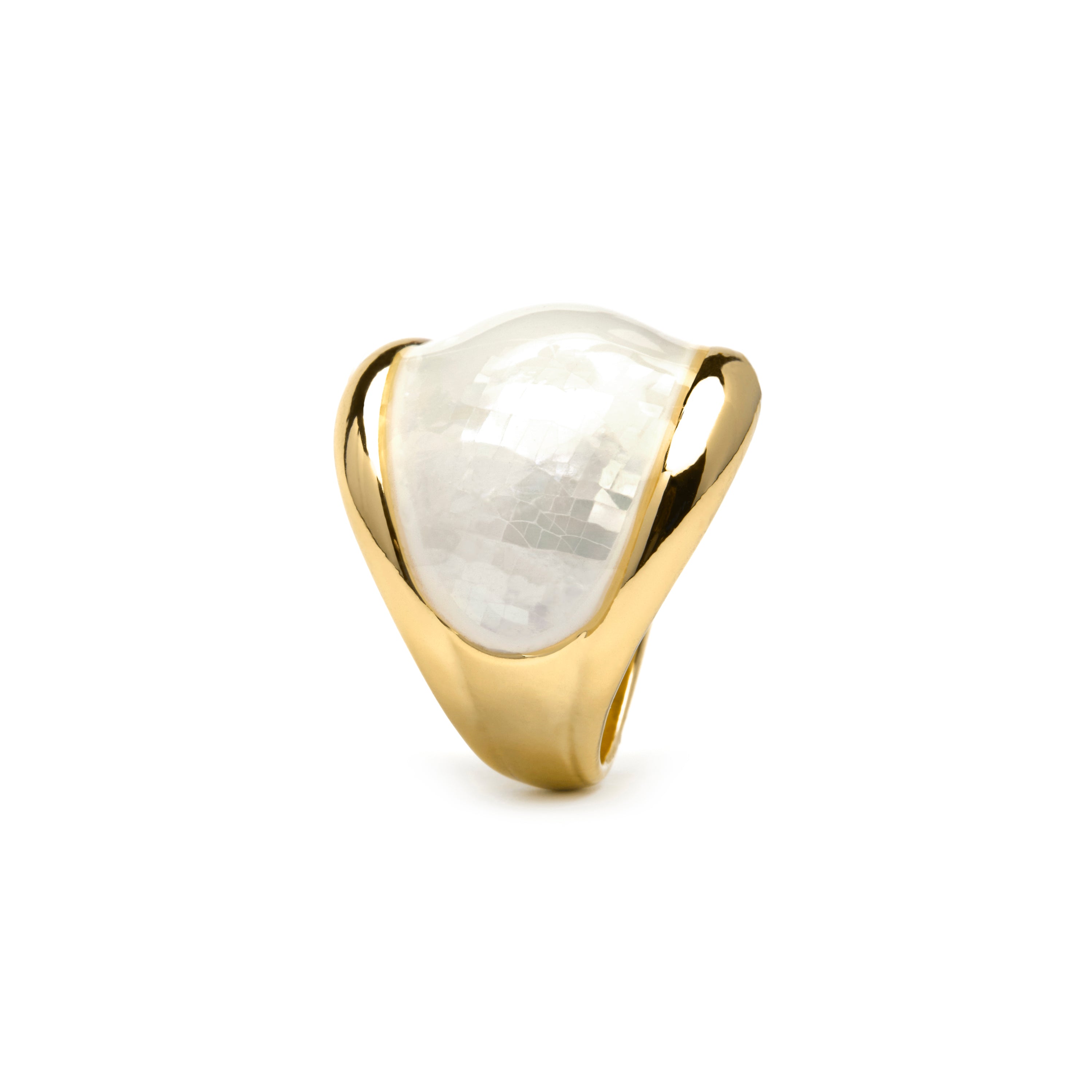 Anillo Lingo de Madreperla Blanca acabado oro amarillo de 18k