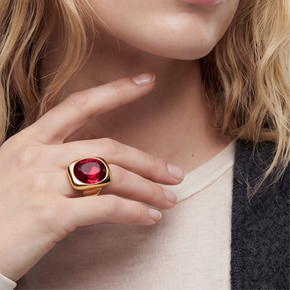 Anello in cristallo rosso con finitura in oro giallo 18 carati - Sisro