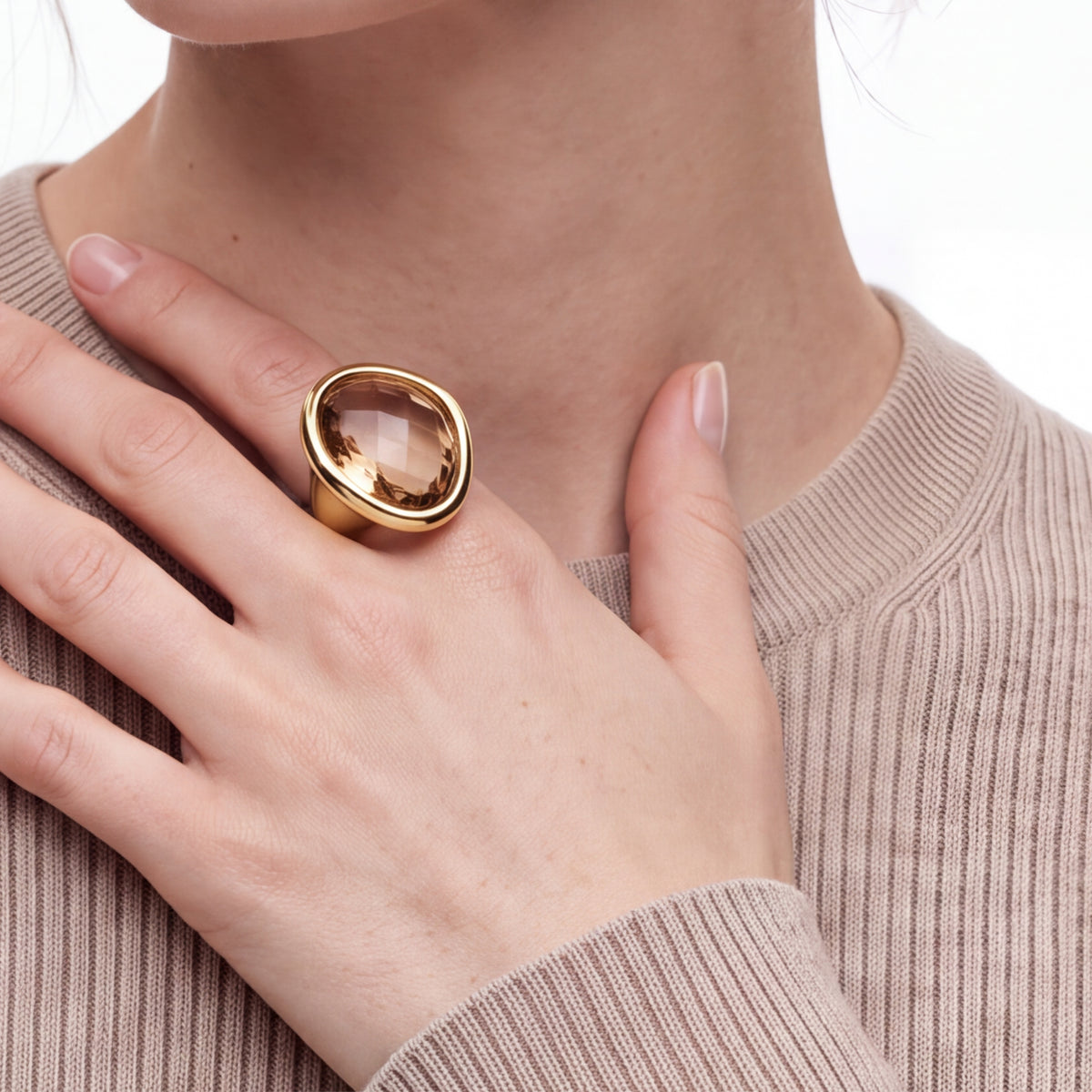 Bague en cristal champagne plaquée or jaune 18 carats - Rimya