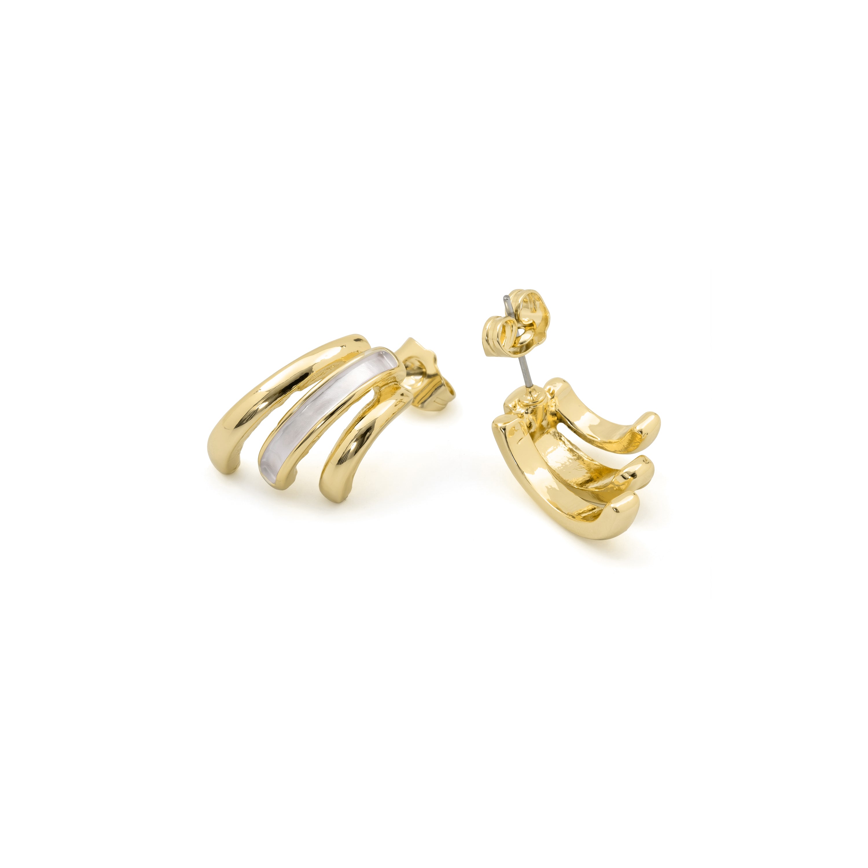 Eresron earrings finished in rhodium, 18k yellow gold, and rose gold