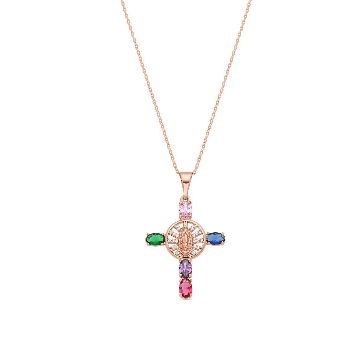 Collana in lega di metallo e zirconi multicolore con finitura in oro rosa 18k - Croce