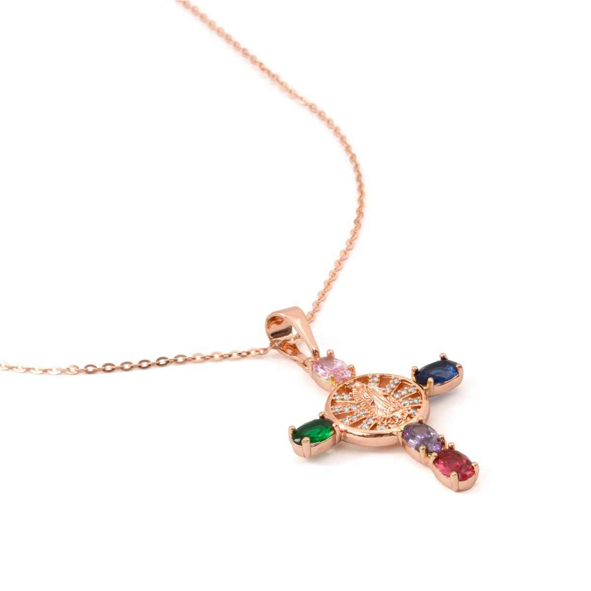Collana in lega di metallo e zirconi multicolore con finitura in oro rosa 18k - Croce