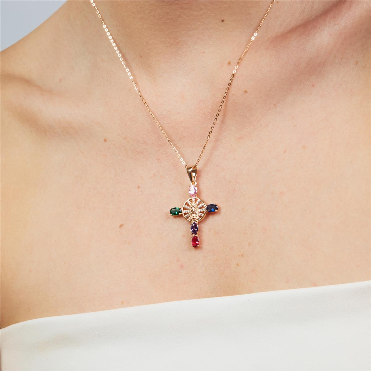 Collana in lega di metallo e zirconi multicolore con finitura in oro rosa 18k - Croce
