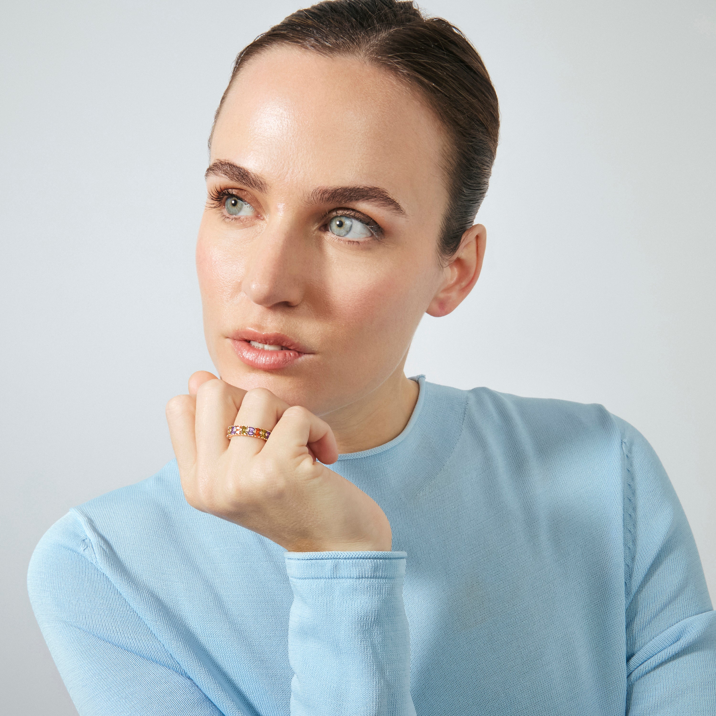 Anel de zircónia multicolor com acabamento em ouro rosa de 18k - Lanbyu