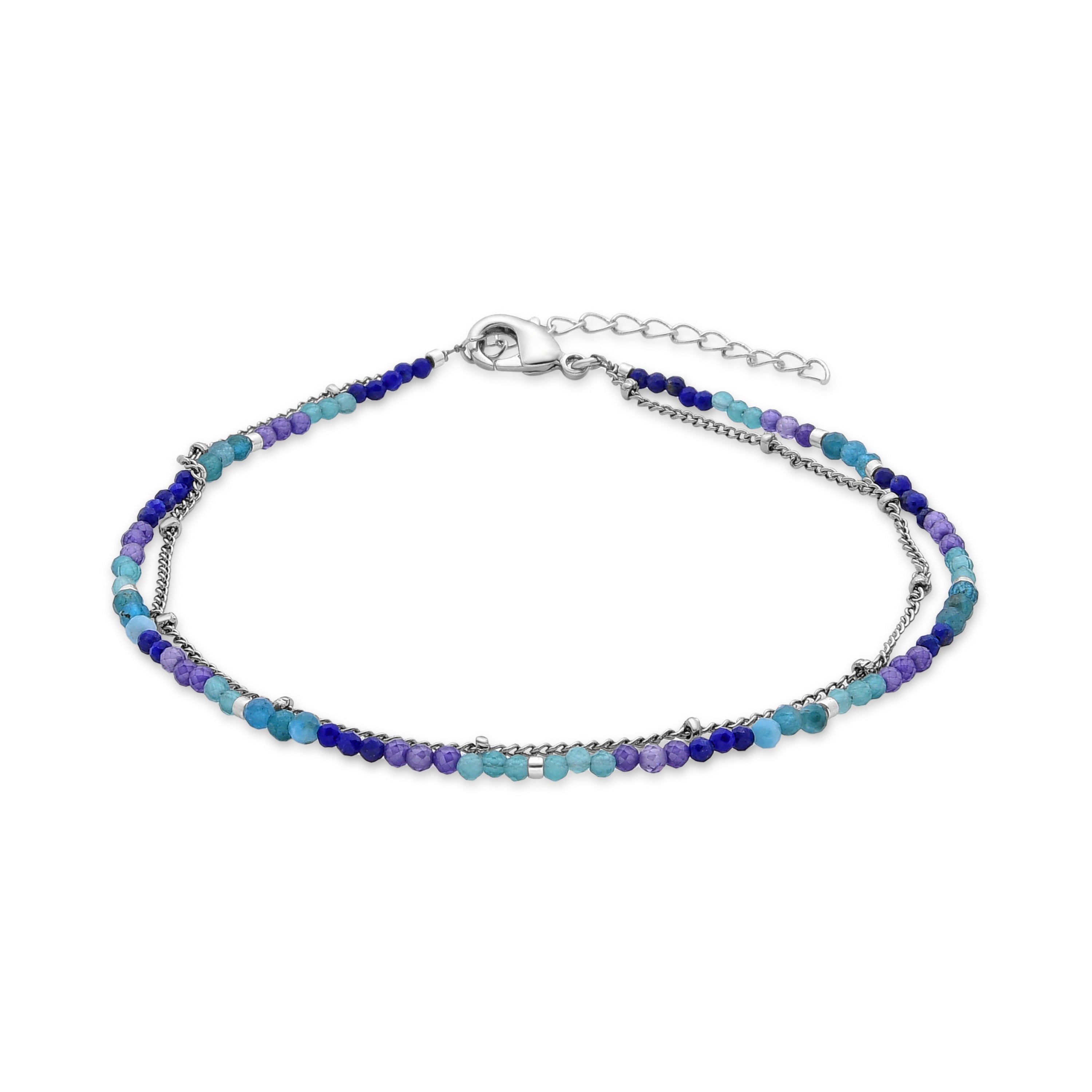 Dark Blue Crystal Ankle Bracelet with Rhodium Finish - Miwa