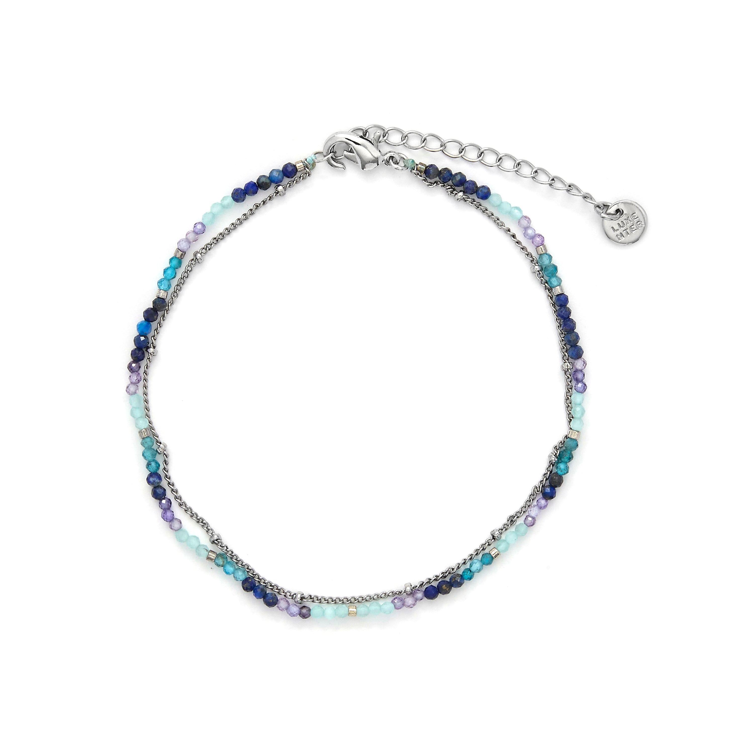 Dark Blue Crystal Ankle Bracelet with Rhodium Finish - Miwa