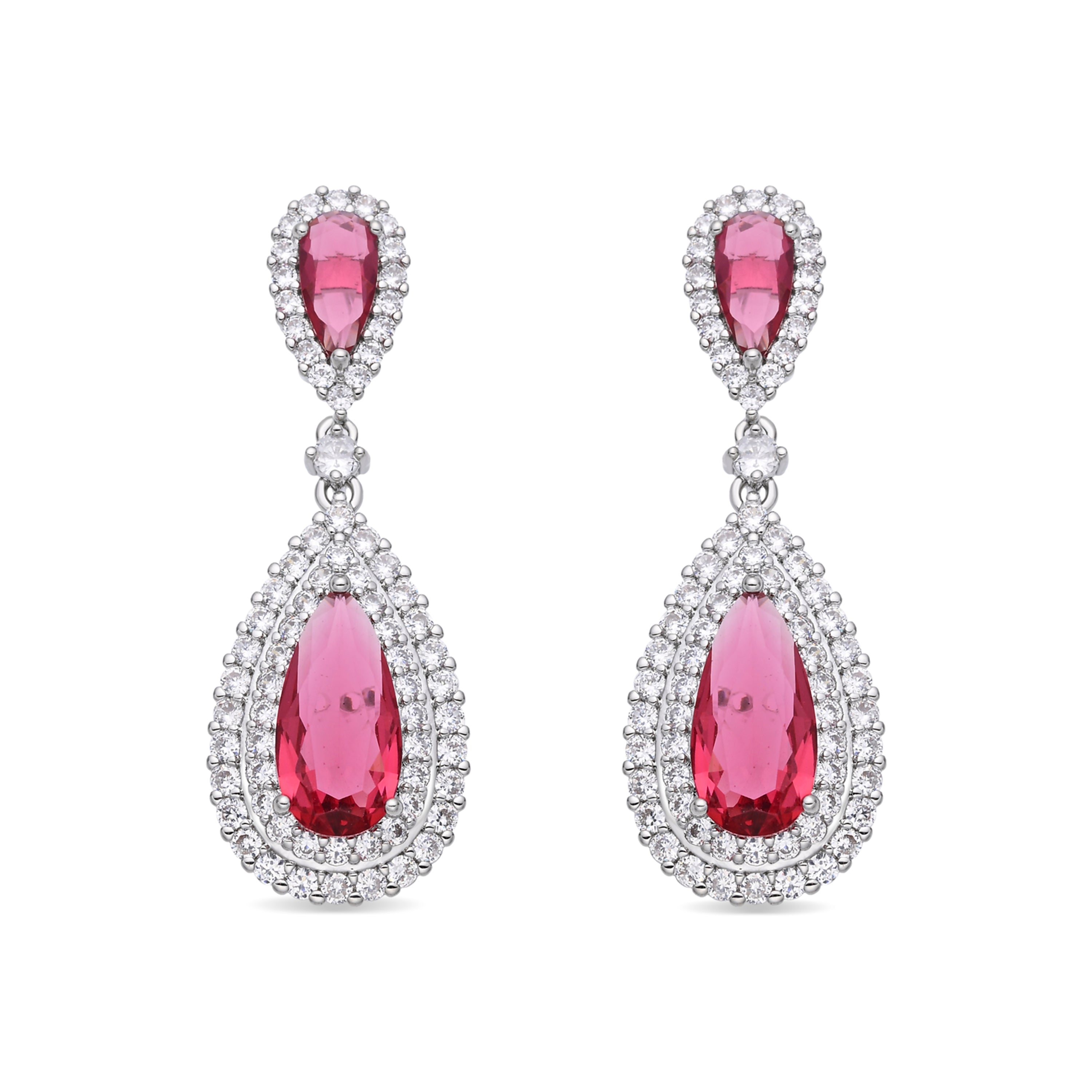 Ruby Cubic Zirconia Earrings with Rhodium Finish - Mijou