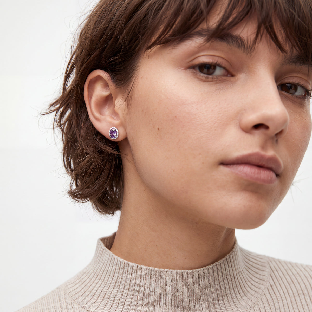 Rhodium-plated Amethyst Cubic Zirconia Earrings - Semfa