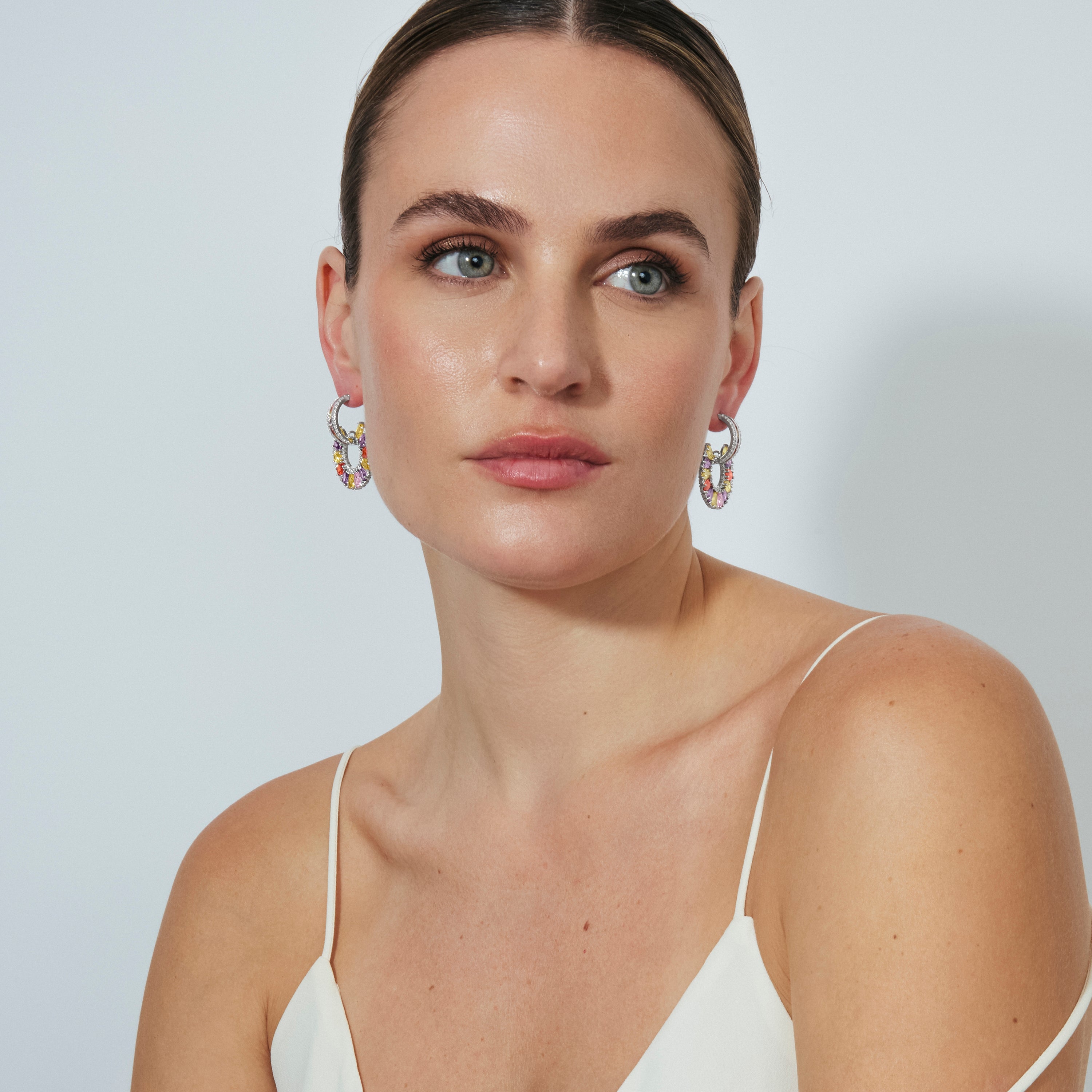 Multicolor Cubic Zirconia Earrings with Silver Finish - Chaxa