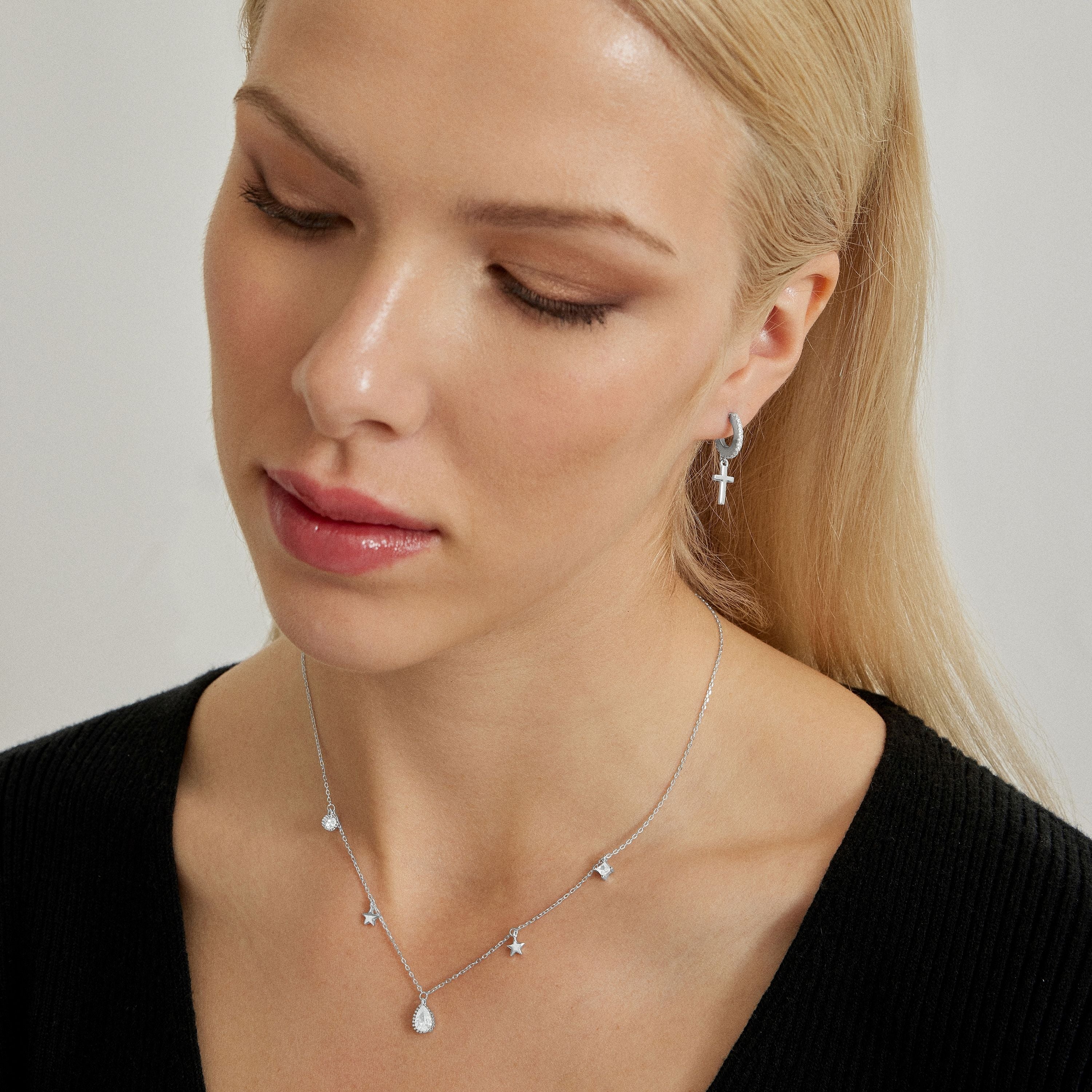 Bright Zirconia Earrings with Rhodium Finish - Cross