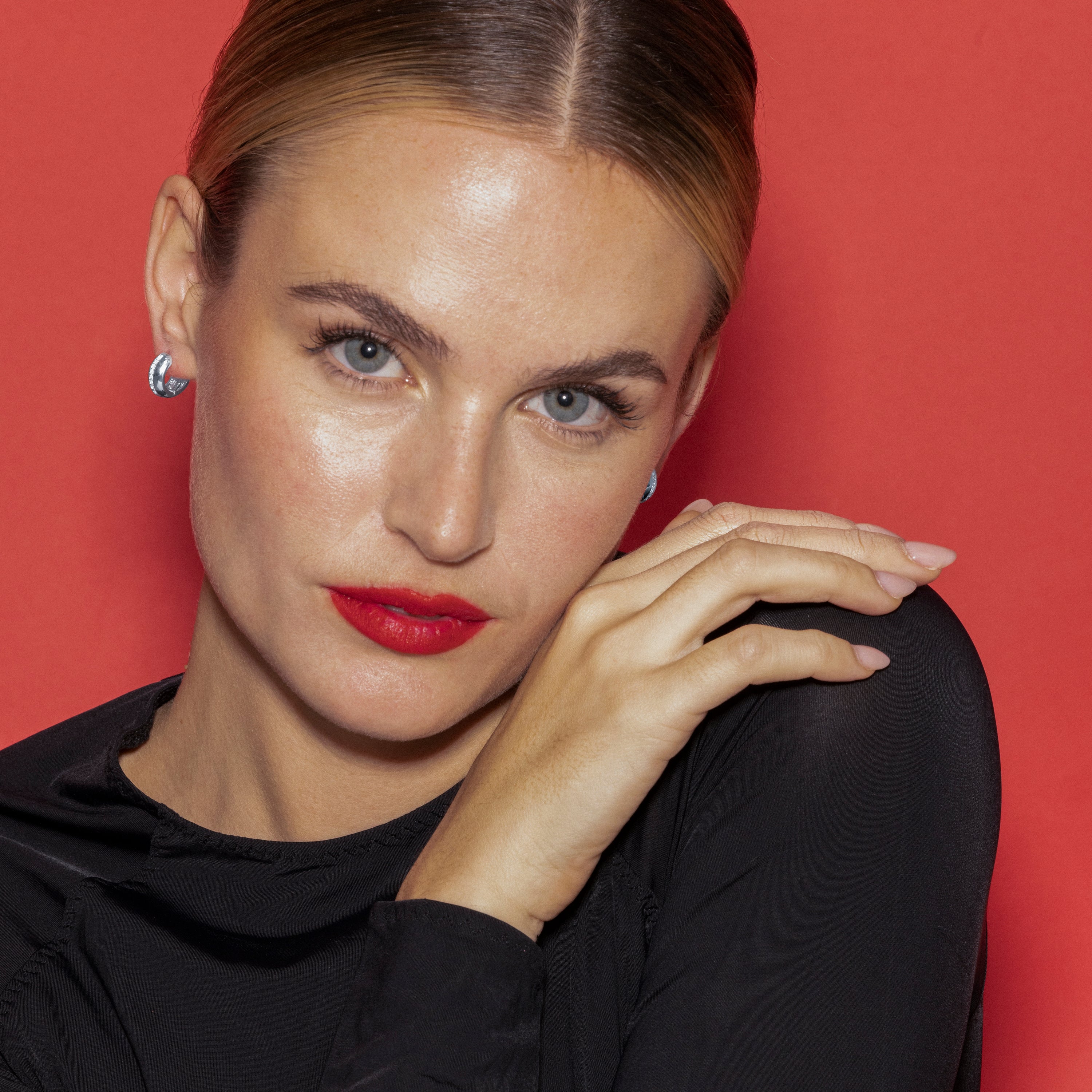 9mm diameter earrings with silver finish cubic zirconia - Shio