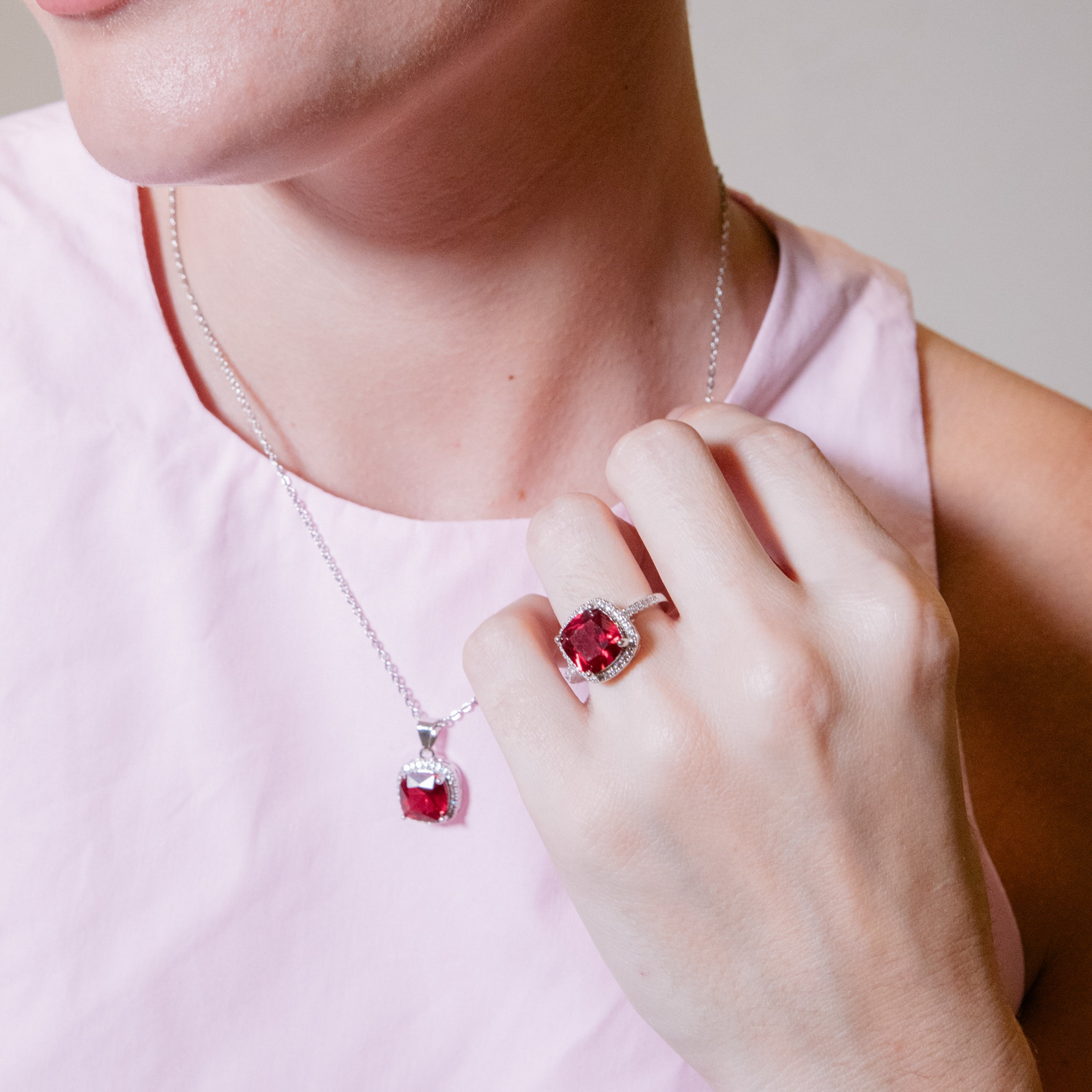 Ruby Cubic Zirconia Ring with Rhodium Finish - Kada