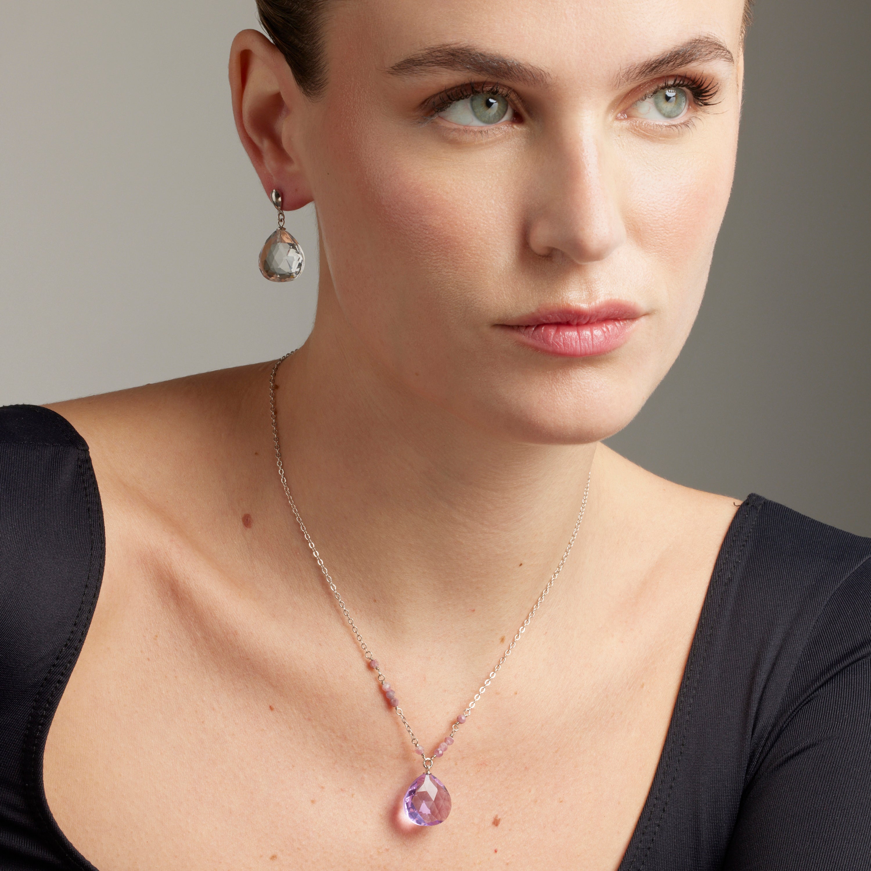 Morganite Zirconia Necklace with Rhodium Finish - Zoqoyi