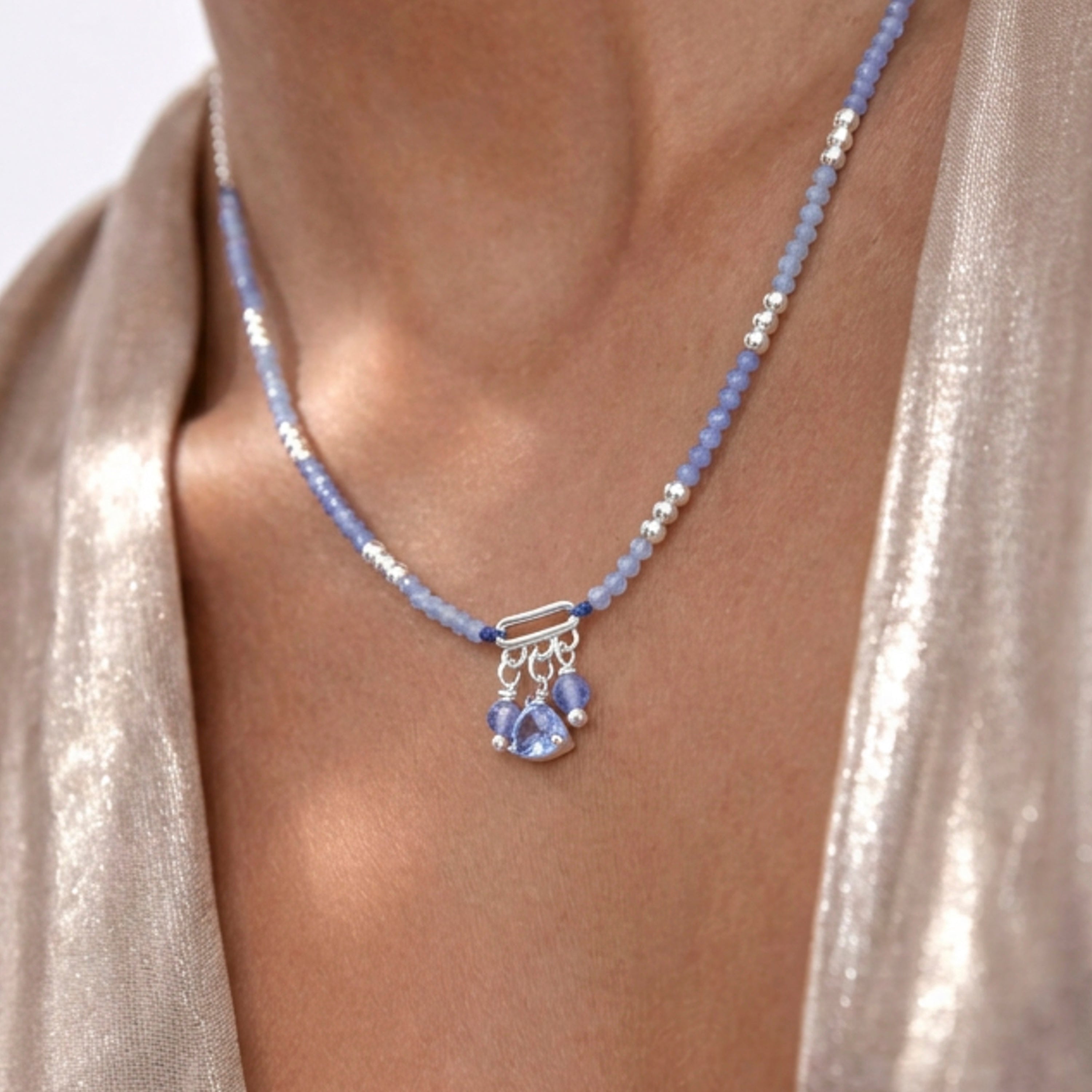 Blue Crystal Necklace with Rhodium Finish - Ilkan