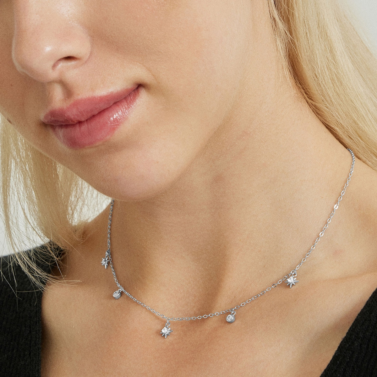 Bright Cubic Zirconia Necklace with Rhodium Finish - Olzal