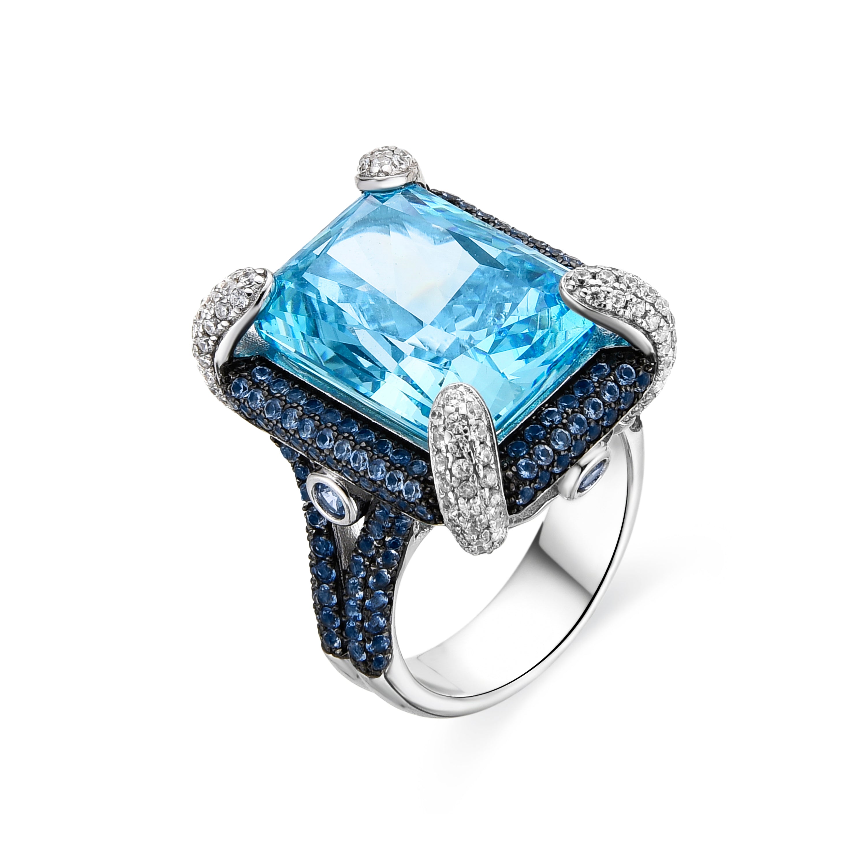 Bague en argent sterling 925 et zirconium aigue-marine finition rhodium - Liwi