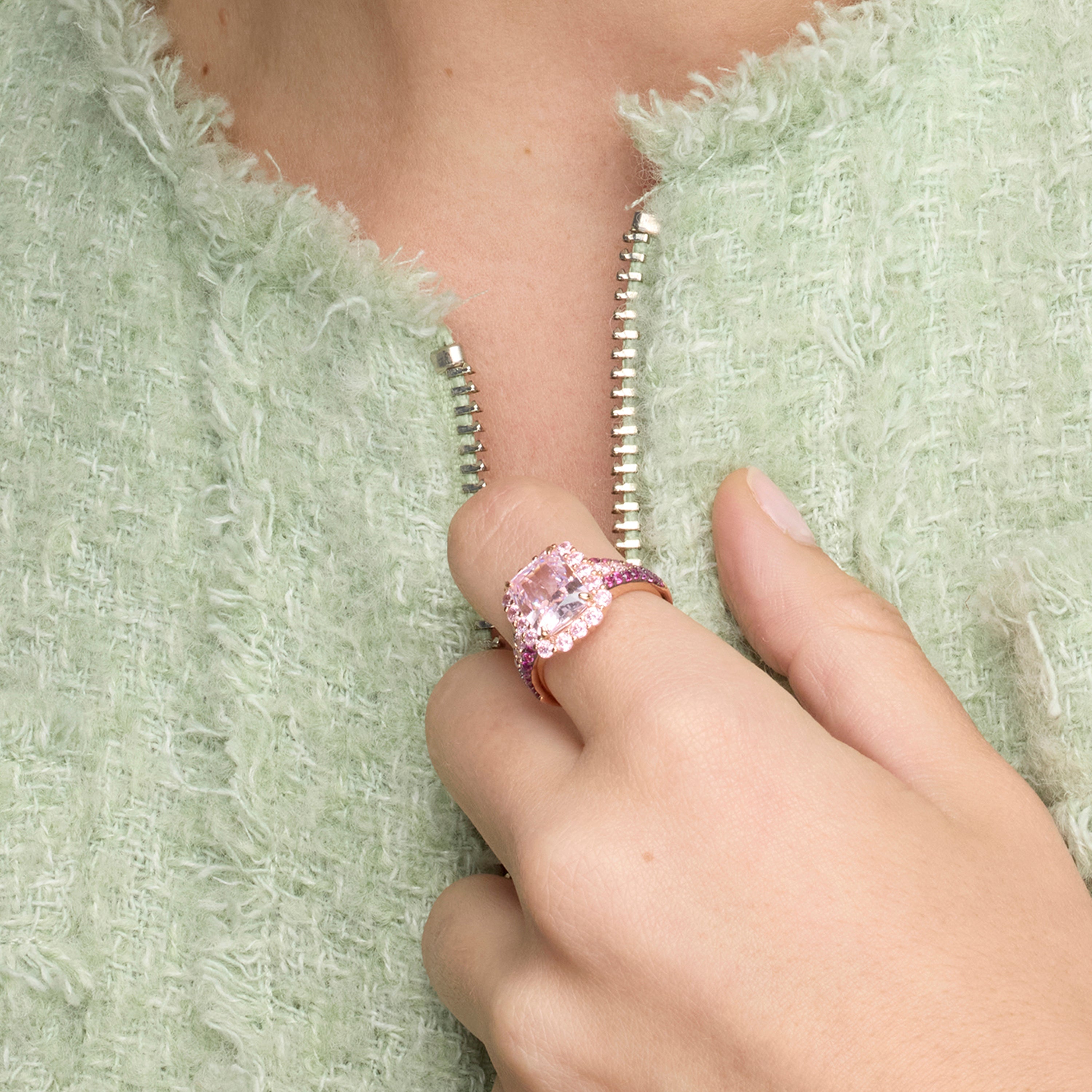 Anel de Prata de Lei 925 e Zircónia Rosa acabamento ródio - Cabel