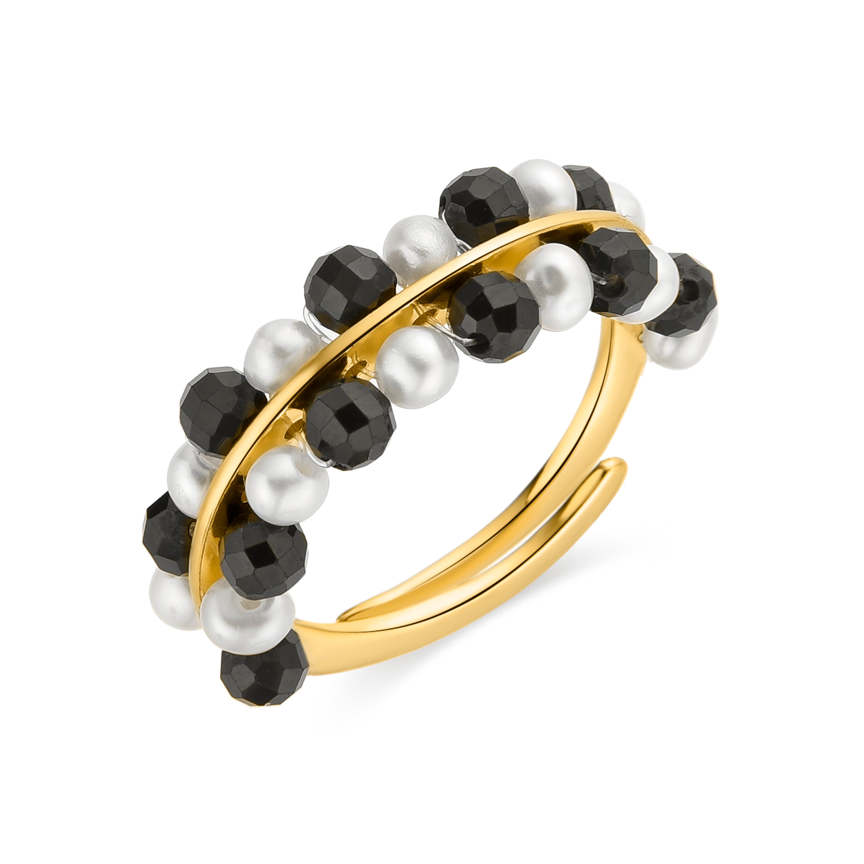 Anel de Prata de Lei 925 com Cristal Preto acabamento em ouro amarelo 18K - Hizri