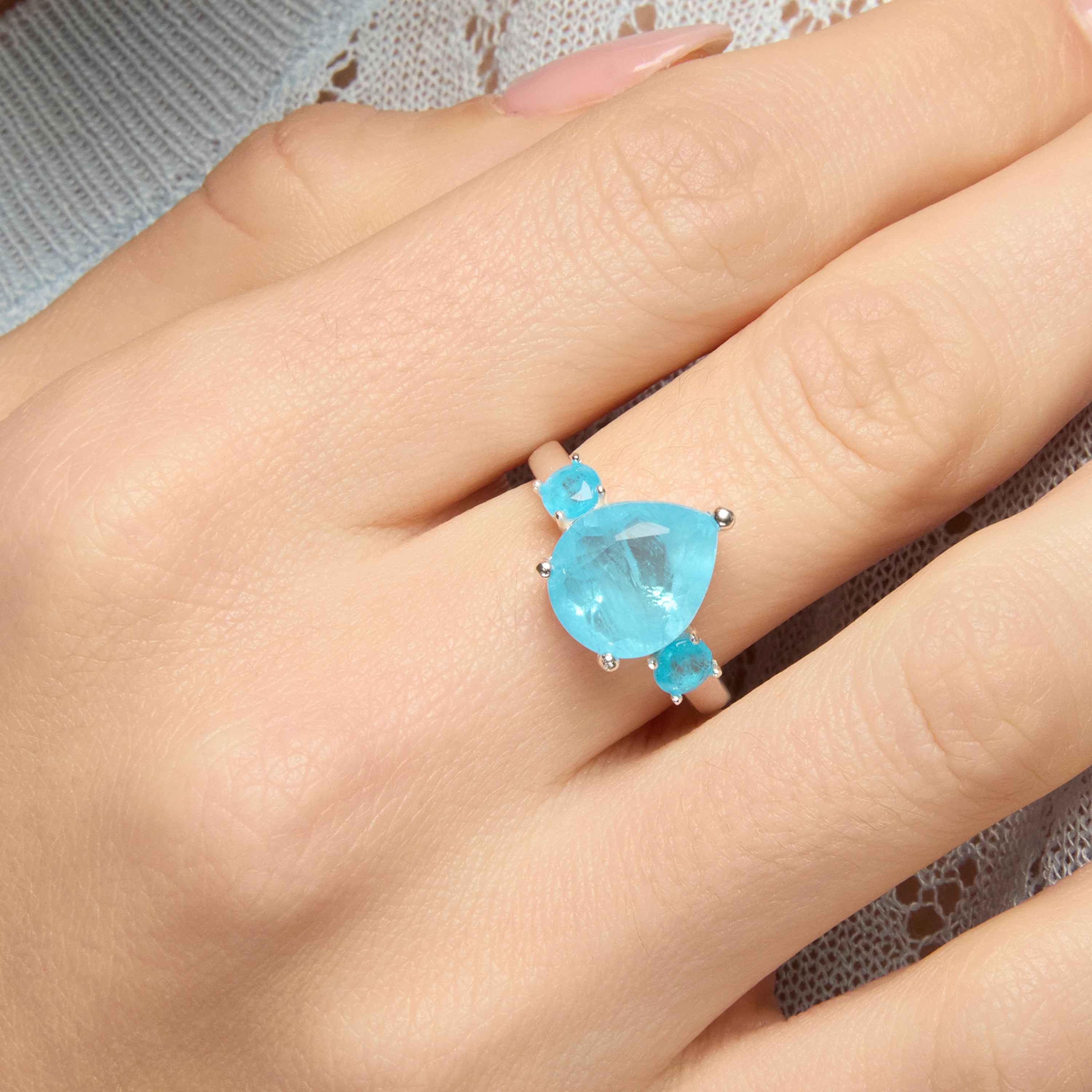 925 Sterling Silver Ring with Hydrothermal Aquamarine, Rhodium Finish - Larec