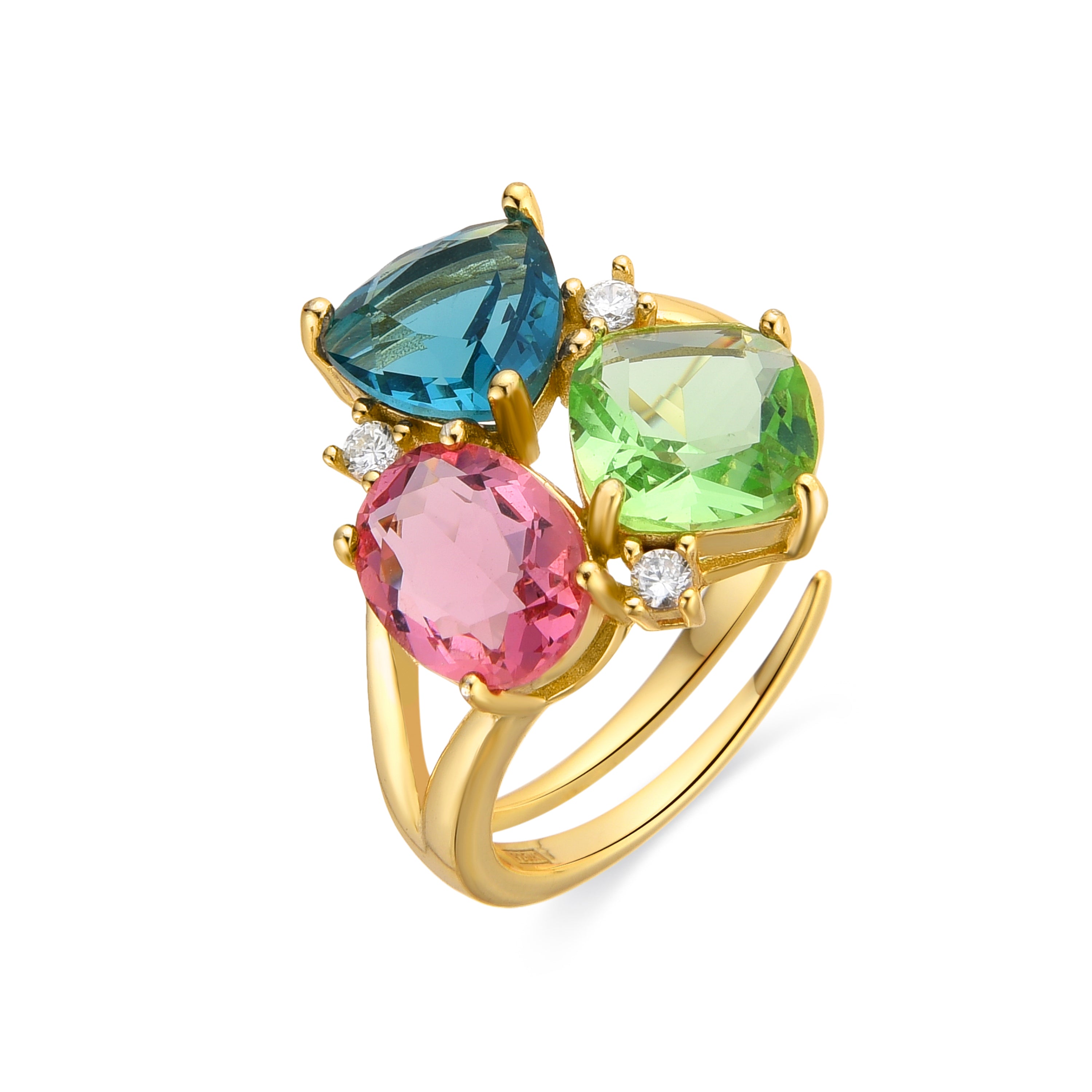 Bague en argent sterling 925 et quartz hydrothermal multicolore finition or jaune 18k - Damam