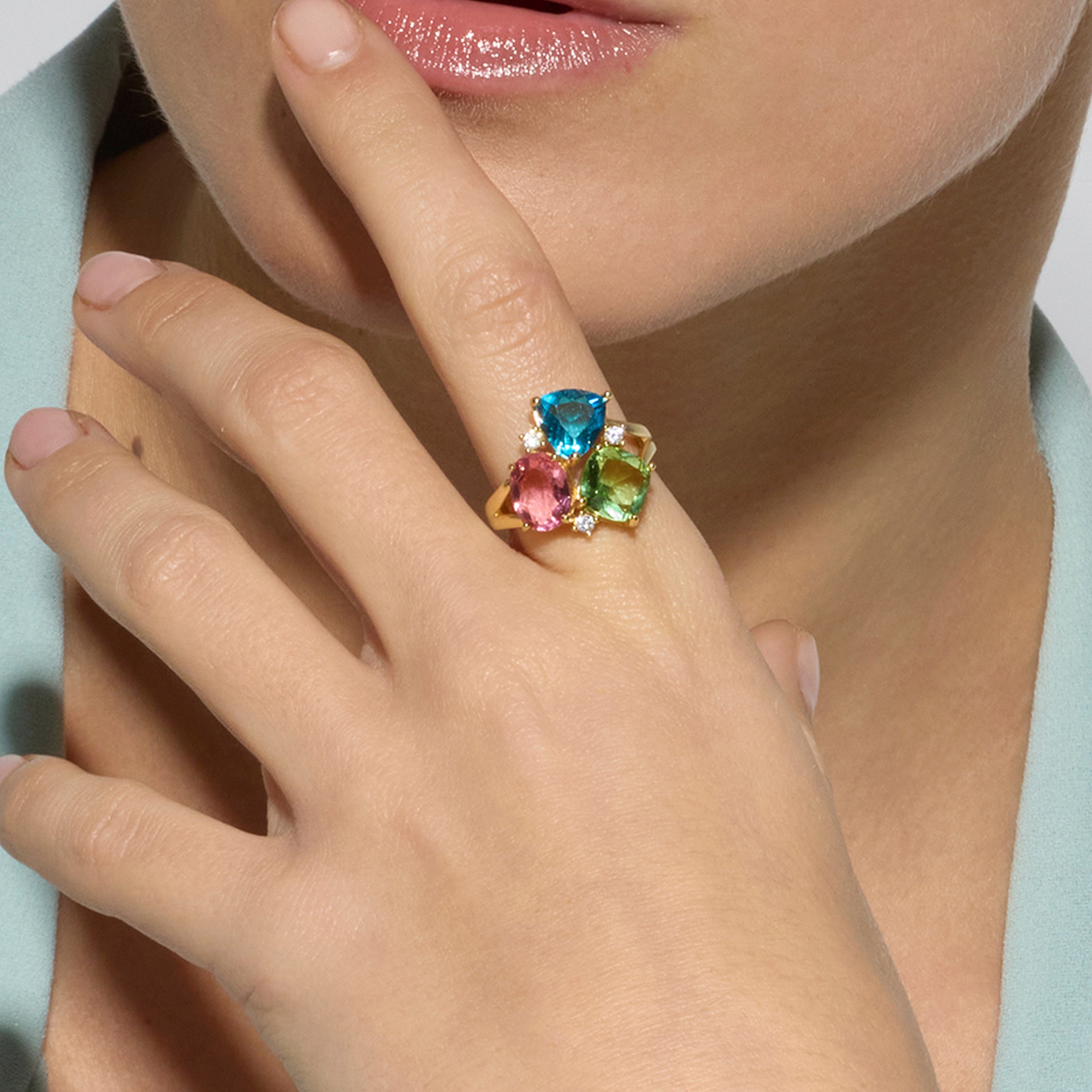 Bague en argent sterling 925 et quartz hydrothermal multicolore finition or jaune 18k - Damam