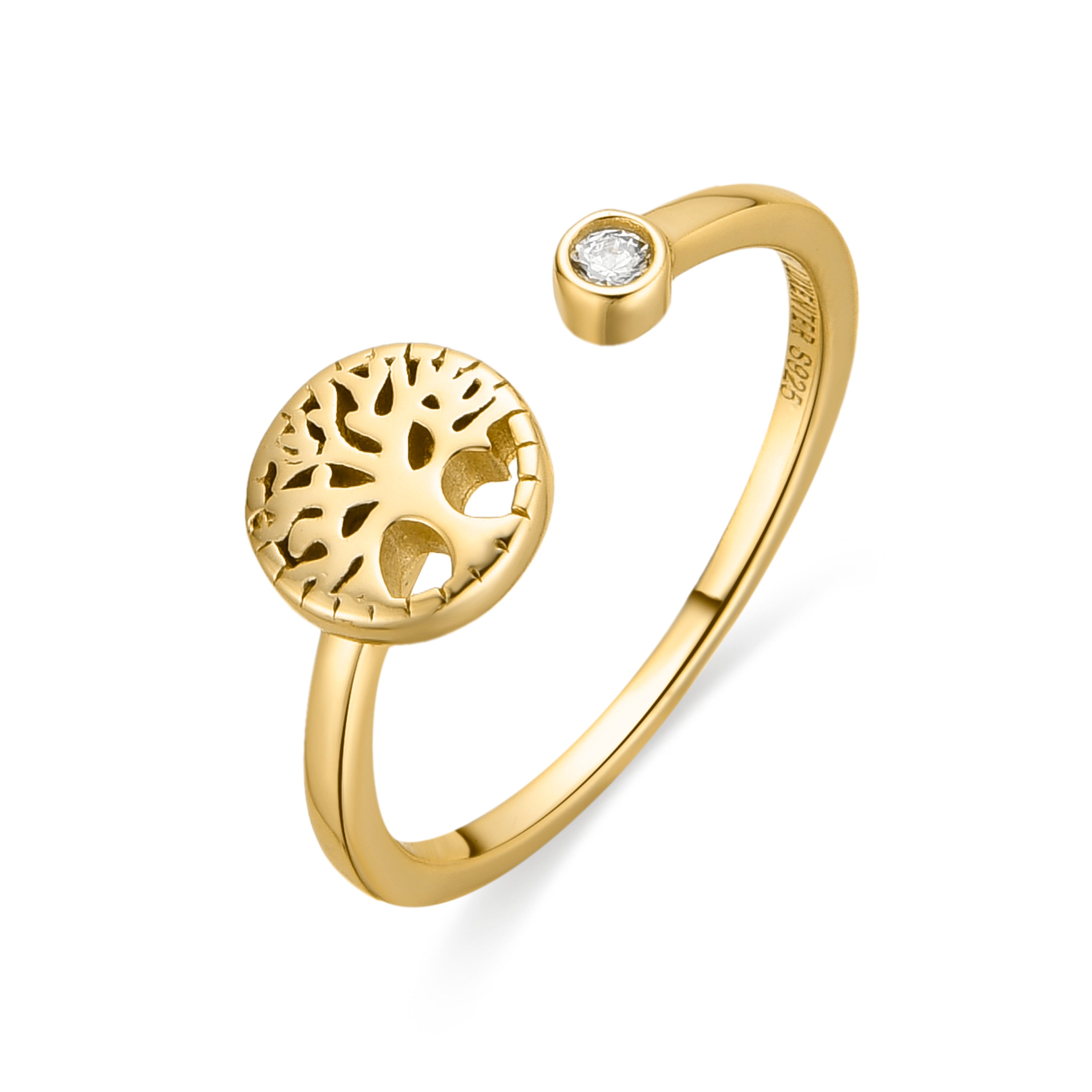 Anel de Prata de Lei 925 e Zircónia Brilhante acabamento em ouro amarelo de 18k - Árvore da Vida