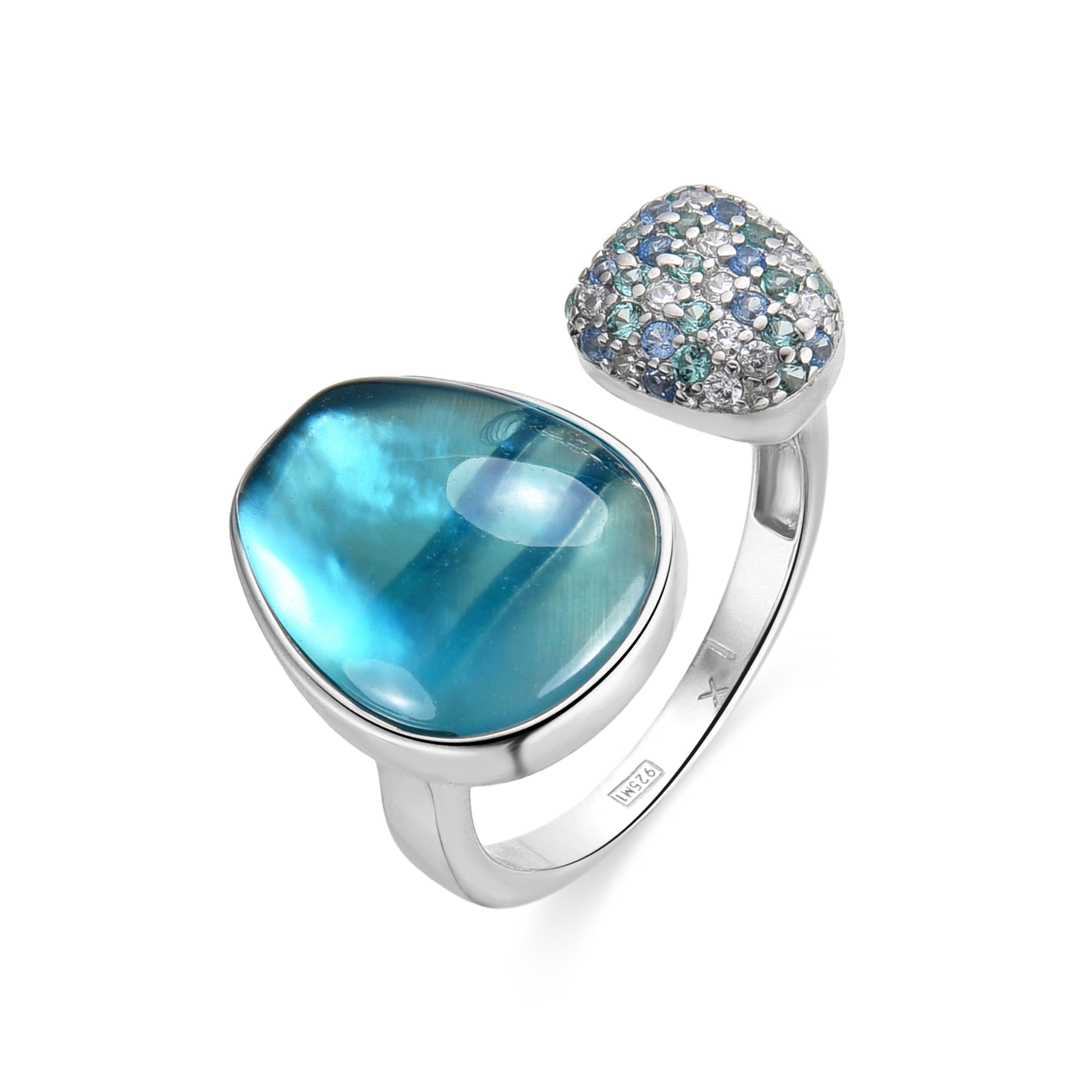 925er Silberring und Doppel-Hämatit / blauer Kristall mit Rhodium-Finish - Furesh