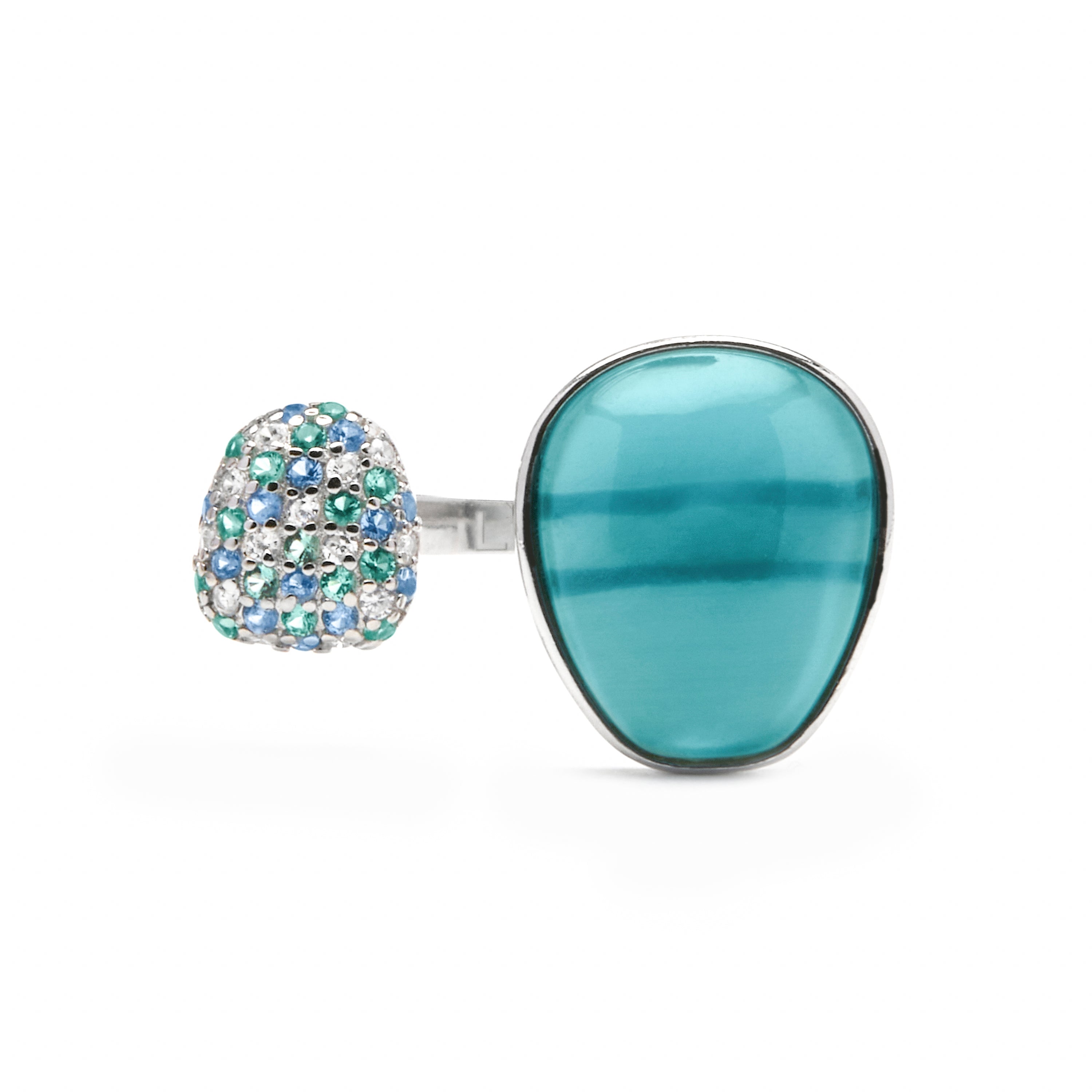 Bague en argent sterling 925 et double hématite / cristal bleu finition rhodium - Furesh