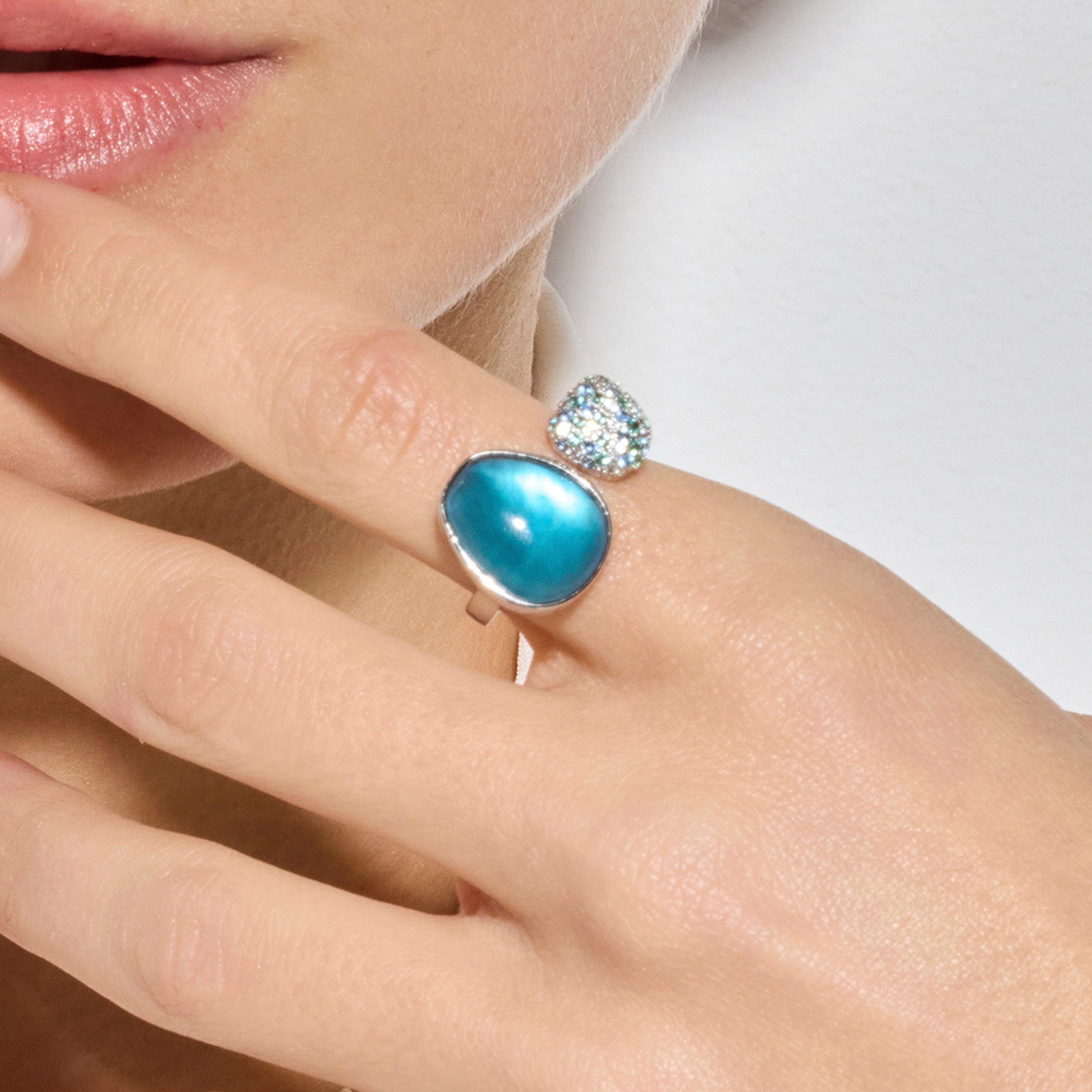 Bague en argent sterling 925 et double hématite / cristal bleu finition rhodium - Furesh